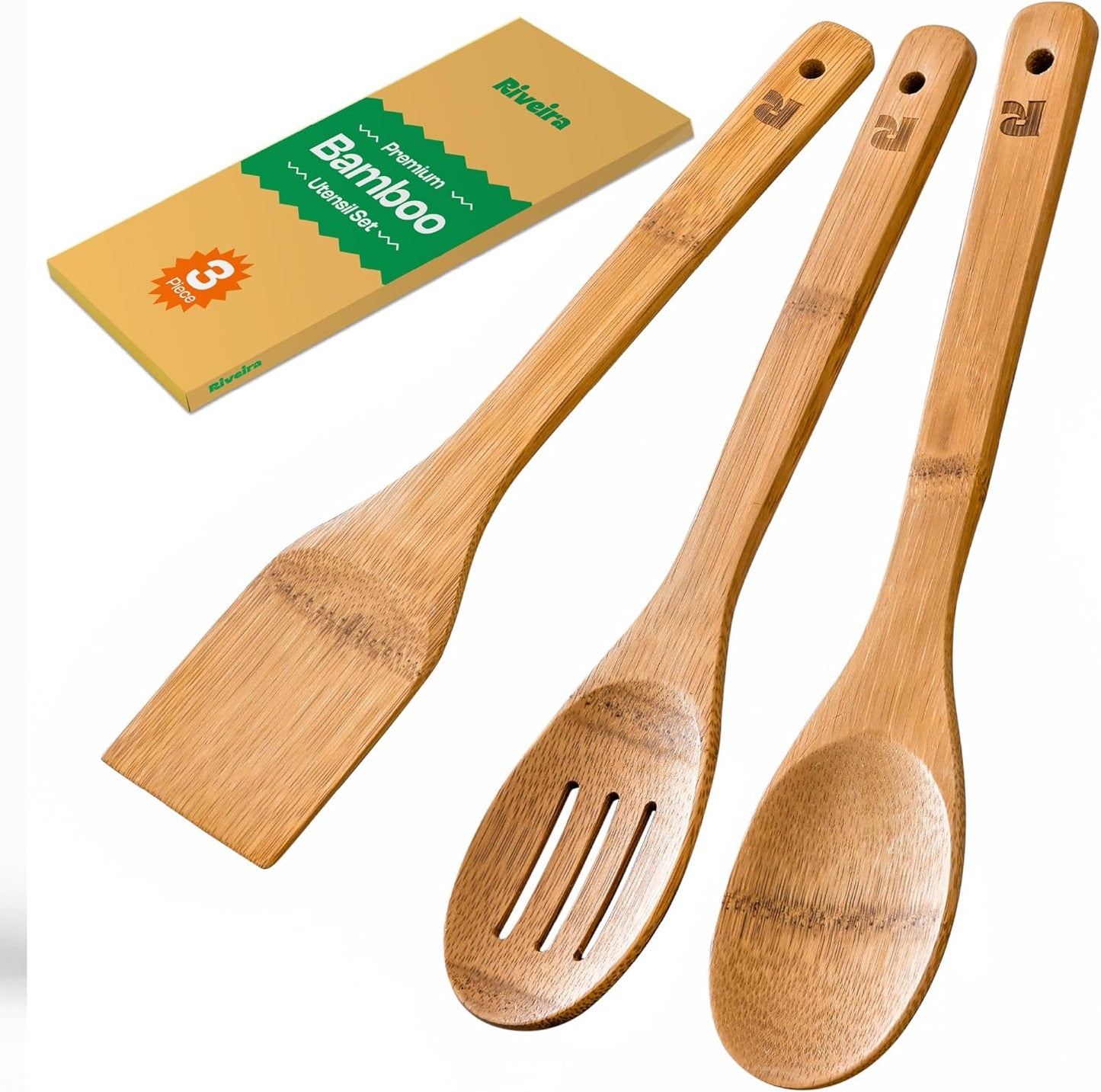 Riveira Bamboo Cooking Spoons 6-Piece – Wooden Cooking Utensils Set with Wooden Spoons for Cooking & Spatulas Wooden Utensil Sets – Premium Kitchen Utensils Set – Durable First Apartment Essentials