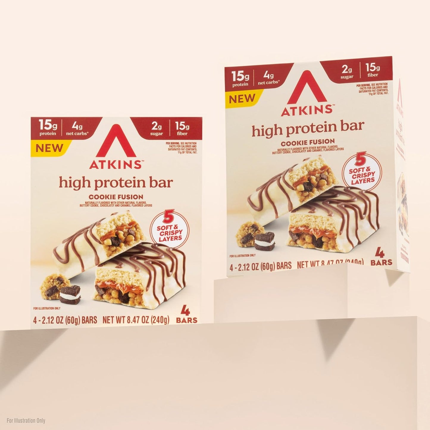 Atkins High Protein Bars, Cookie Fusion Flavor, 15g of Protein, 4g Net Carbs, Keto Protein Bars, Low Sugar, 4 Count