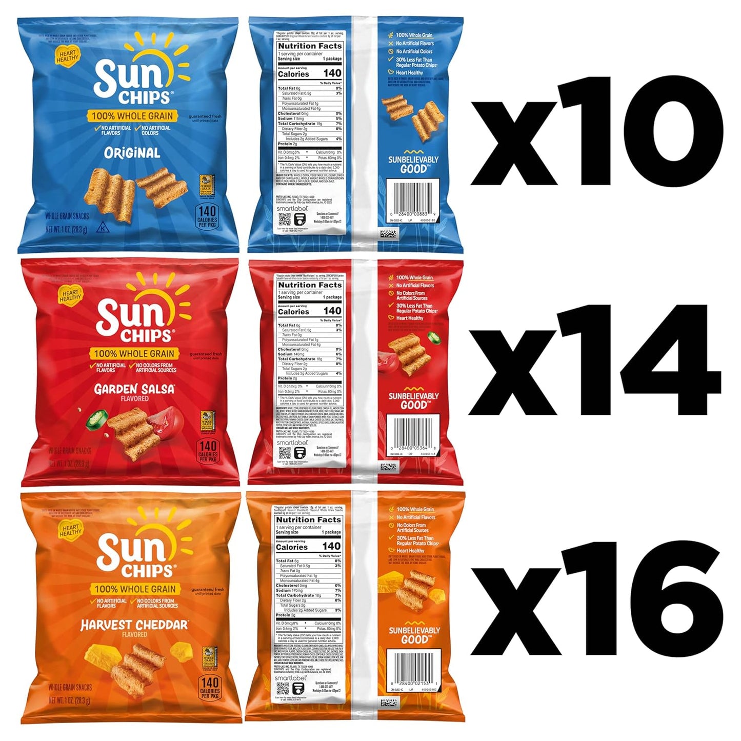 SunChips 100% Whole Grain Chips, Variety Pack, 1 oz Bags, Pack of 40, No Artificial Flavors, Colors