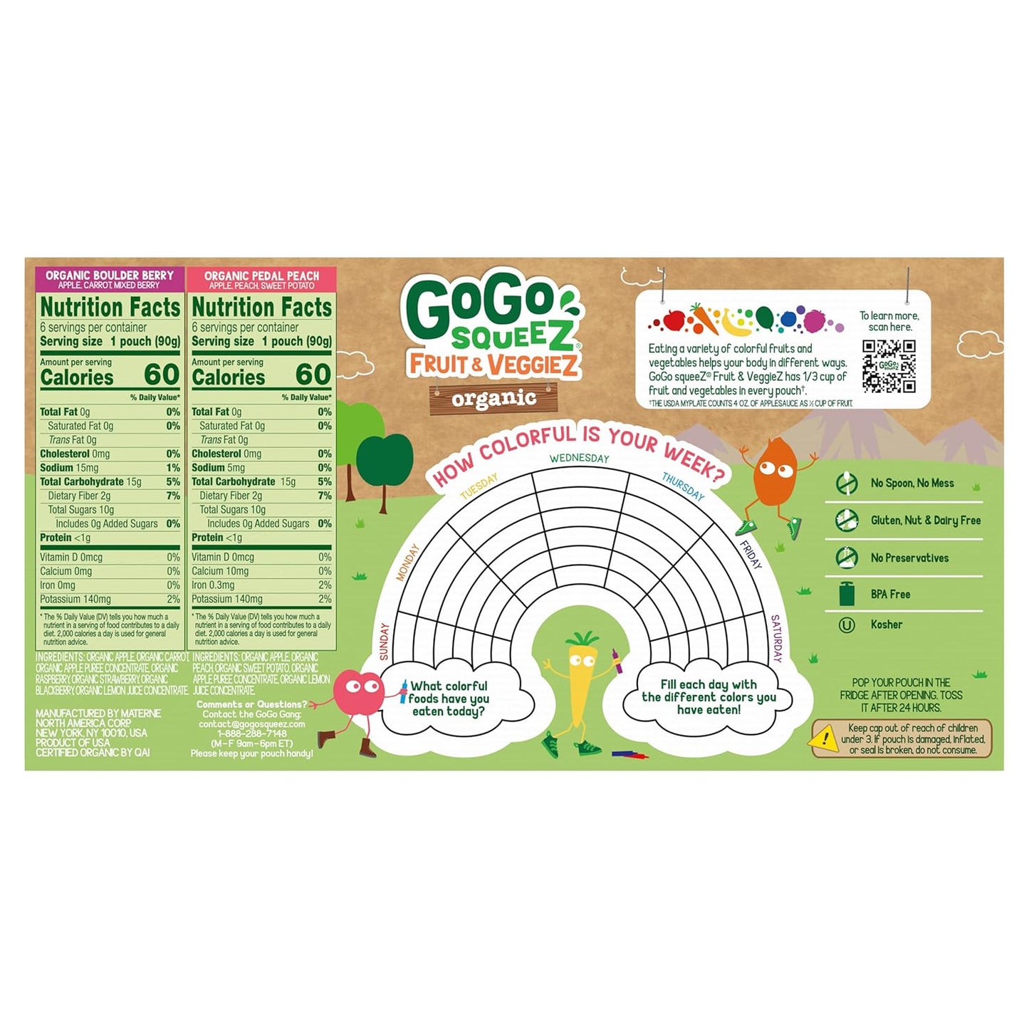GoGo squeeZ No Sugar Added Organic Fruit & veggieZ Applesauce and Puree Variety Pack, Pedal Peach and Boulder Berry, 3.2 oz Pouches (Pack of 12), Fruit Snacks for Kids, Gluten Free, Nut Free, Recloseable Cap, BPA Free