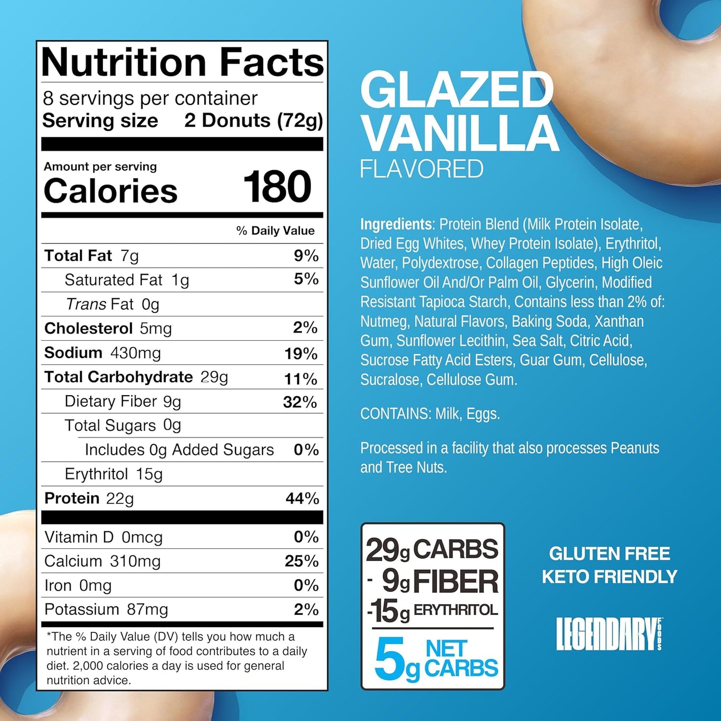 Legendary Foods Protein Donuts - 22g Protein, Glazed Vanilla, Zero Sugar Snack, Gluten Conscious, Low Carb, Keto Suitable, Diabetic and GLP-1 Diets - 8 Pack with Two Donuts per pack