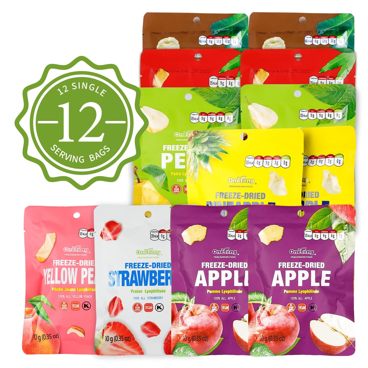 ONETANG Freeze-Dried Mixed Fruit, 12 Pack Single-Serve Pack, Non GMO, Kosher, No Add Sugar, Gluten free, Vegan, Holiday Gifts, Healthy Snack 0.35 Oz
