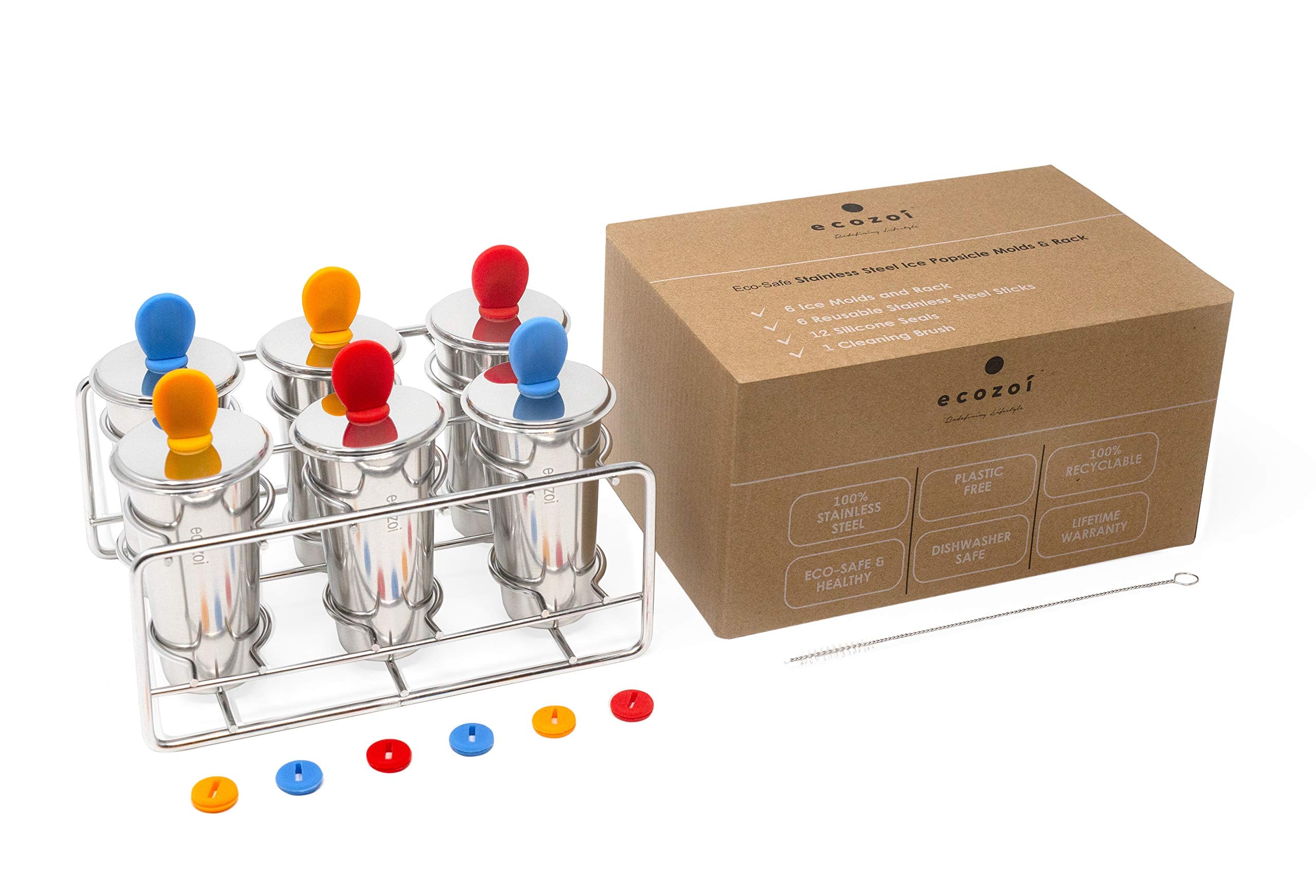 Ecozoi Stainless Steel Popsicle Molds, 6 Ice Popsicle Makers, 6 Stainless Steel Sticks, 12 Silicone Seals and 1 Coconut Cleaning Brush, Eco Popsicle Molds for Kids and Adults, 4 oz Per Mold (Round)