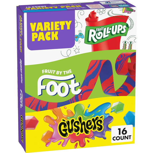 Fruit Roll-Ups, Fruit by the Foot and Gushers Fruit Flavored Snacks Variety Pack, Gluten Free, 16 Pouches, 10.2 oz