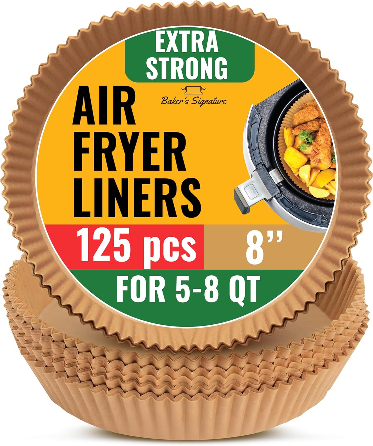 Air Fryer Paper Liners, 125Pcs Air Fryer Disposable Liners, Non-Stick and Oil Proof for Easy Cleanup, 8” Square for 5-8 qt Basket by Baker's Signature