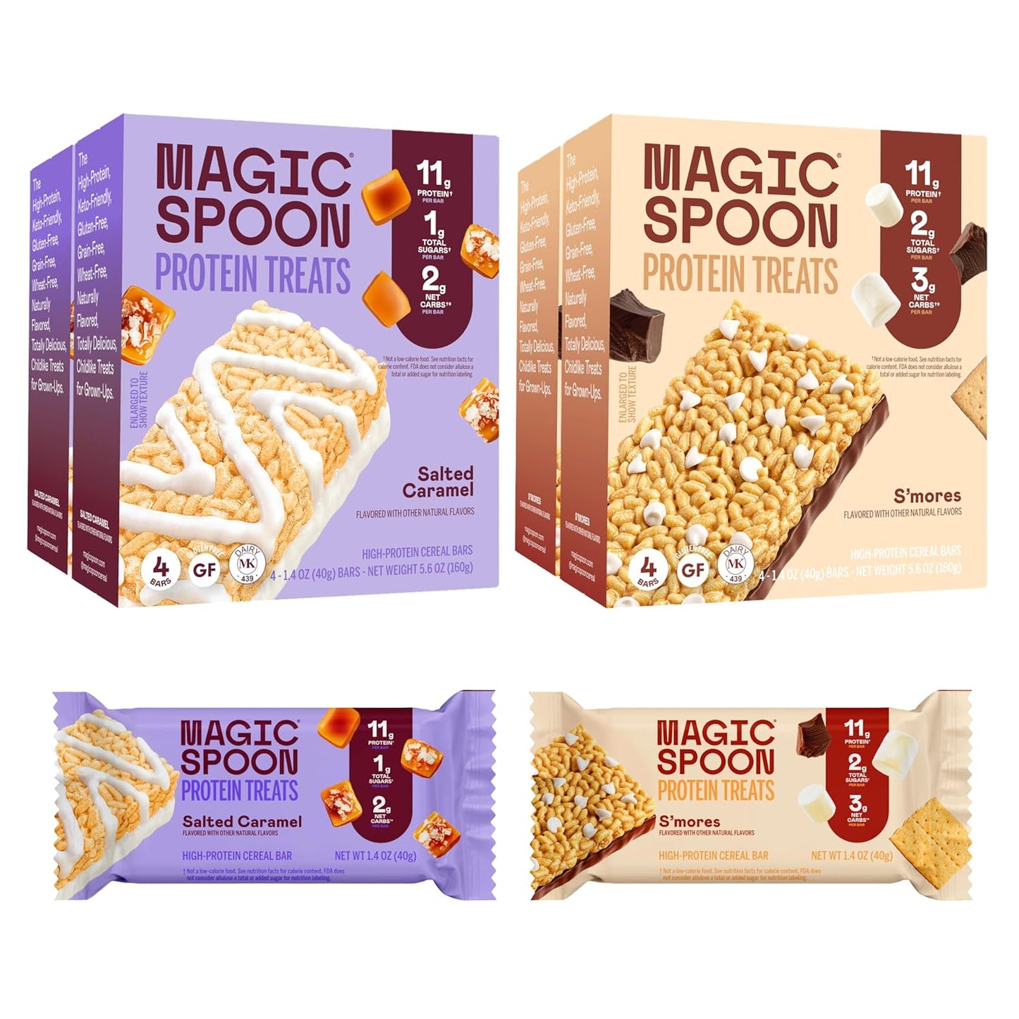 Magic Spoon Treats - 8 High Protein Bars: 2 Marshmallow, 2 Chocolate Peanut Butter, 2 Blueberry Muffin, 2 Double Chocolate - High Protein Gluten Free Snack - Sugar Free Protein Cereal Bar