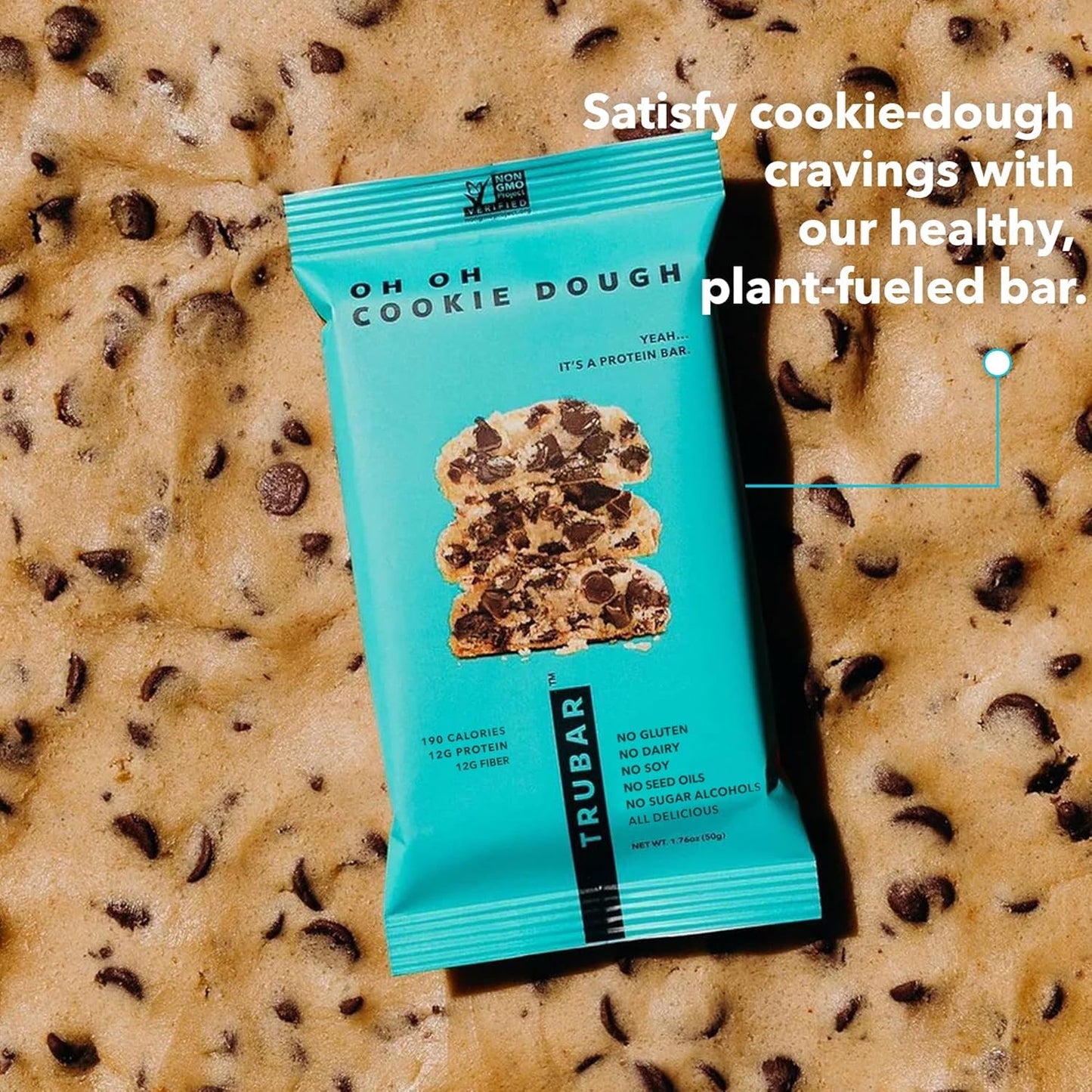 TRUBAR Vegan Protein Bar, Oh Oh Cookie Dough, Gluten Free, Plant Based, High Fiber, Dairy Free, Low Fat, Non GMO, No Sugar Alcohols, 12G Lean Protein, 13G Fiber, Healthy Snack Bars, 1 CT
