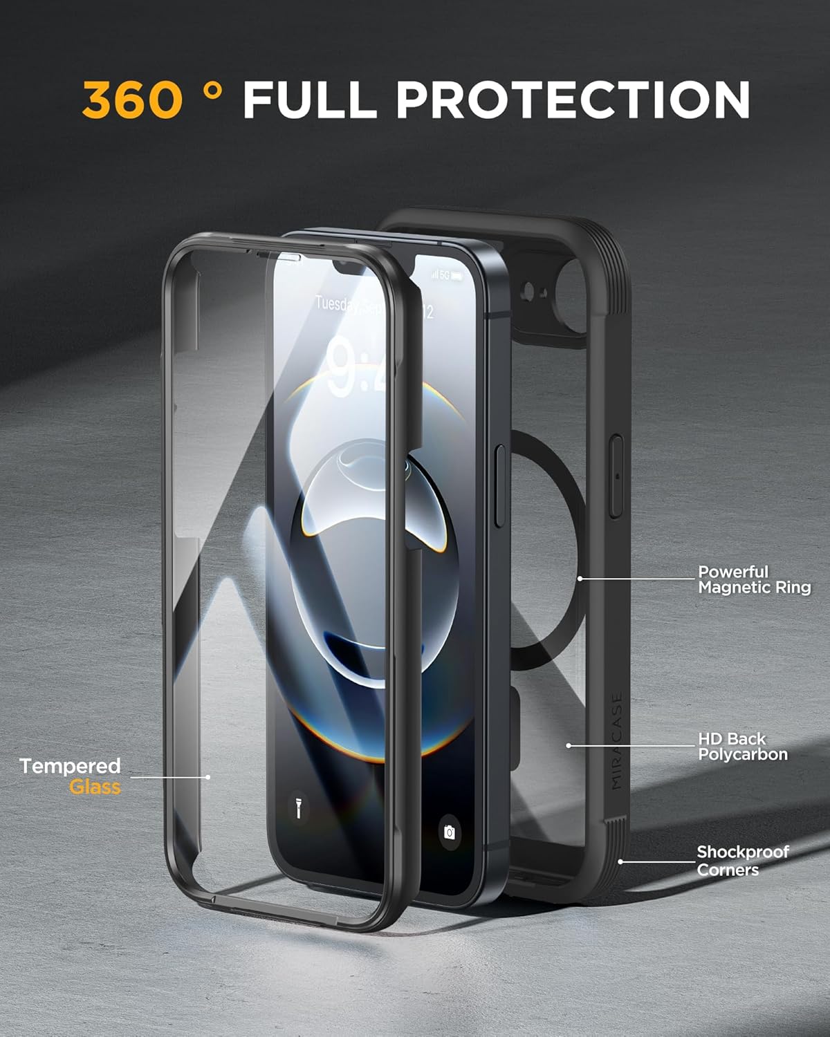 Miracase Magnetic for iPhone 16e Case Full-Body Phone with Built-in Glass Screen Protector, [Compatible with MagSafe] Military Drop Proof 16 E Cover Bumper 6.1 inch, Black