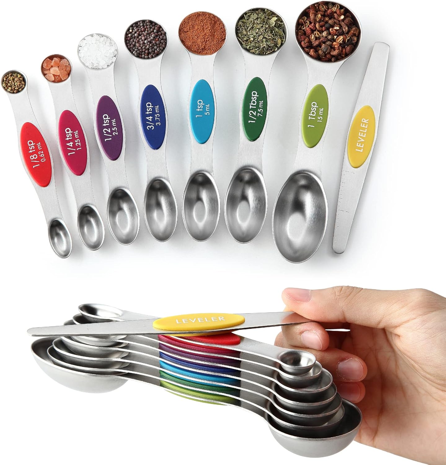 Spring Chef Stainless Steel Magnetic Measuring Spoons Set with Strong N45 Magnets, Heavy Duty Metal Kitchen Gadgets for Baking & Cooking, Fits in Most Kitchen Spice Jars, Set of 8 with Leveler, Black
