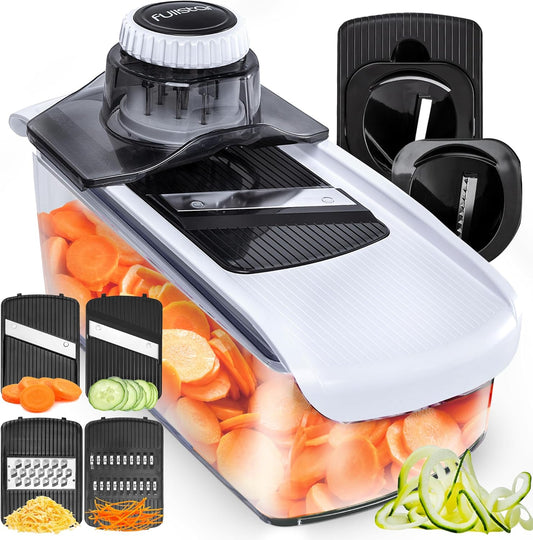 Fullstar Mandoline Slicer for Kitchen, Fruit Cutter, Cheese Grater, Cucumber Slicer, Veggie Spiralizer, Food Cutter & Kitchen Gadgets & Gifts with Safety Glove (6 in 1, White)