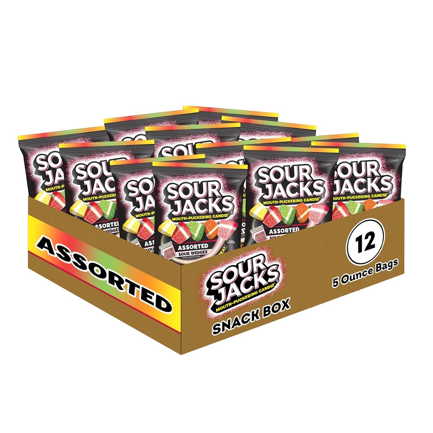 SOUR JACKS, Sour Gummy Candy, Variety Pack, 75 0.5 oz Snack-Size Pouches, Watermelon, Blue Raspberry, and Assorted Fruit, Individually Wrapped, Fat Free, Gluten Free
