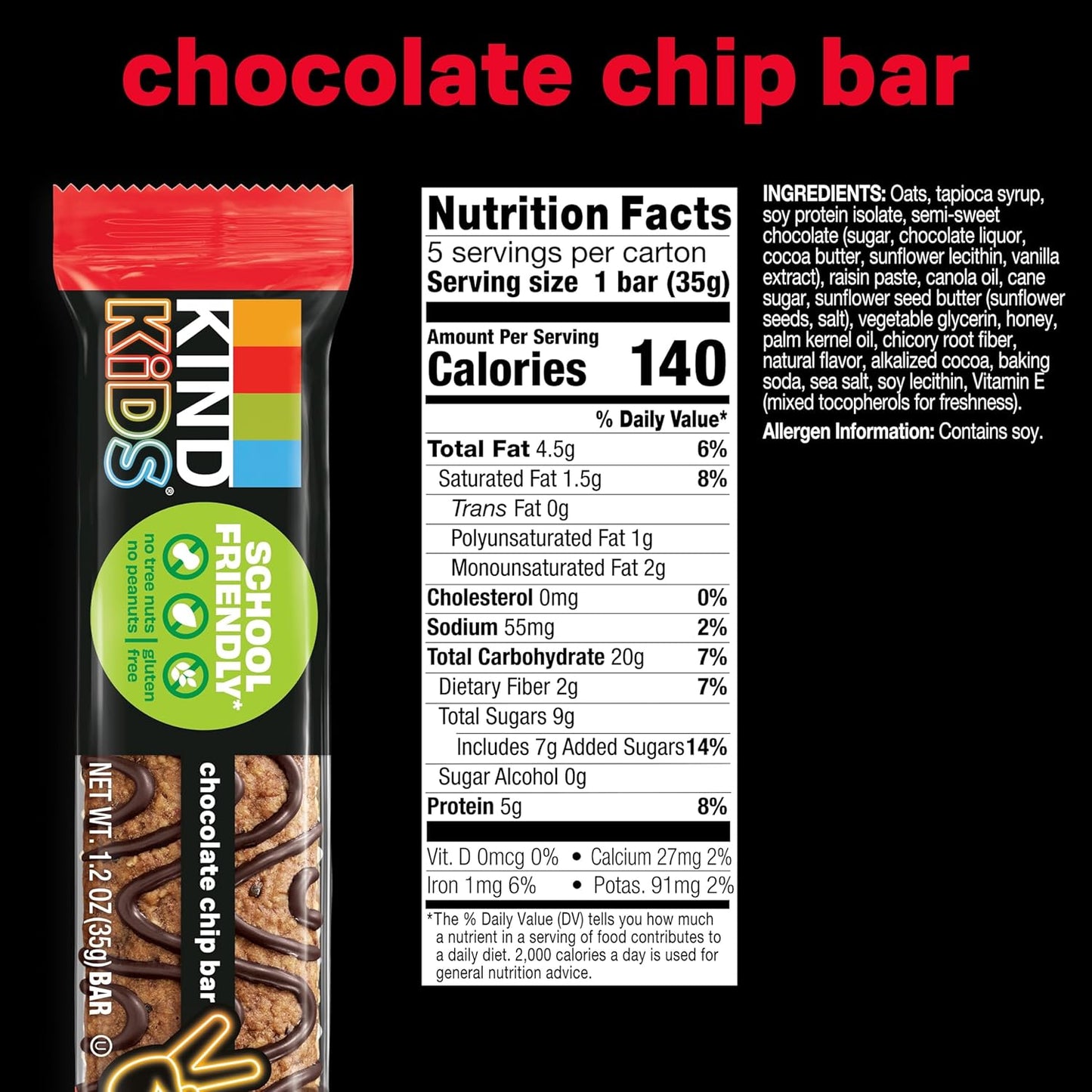 KIND Kids Granola Bars, Chocolate Chip, Gluten Free, Low Sodium, Peanut and Tree Nut Free Snacks, 5g Protein, 5 Count