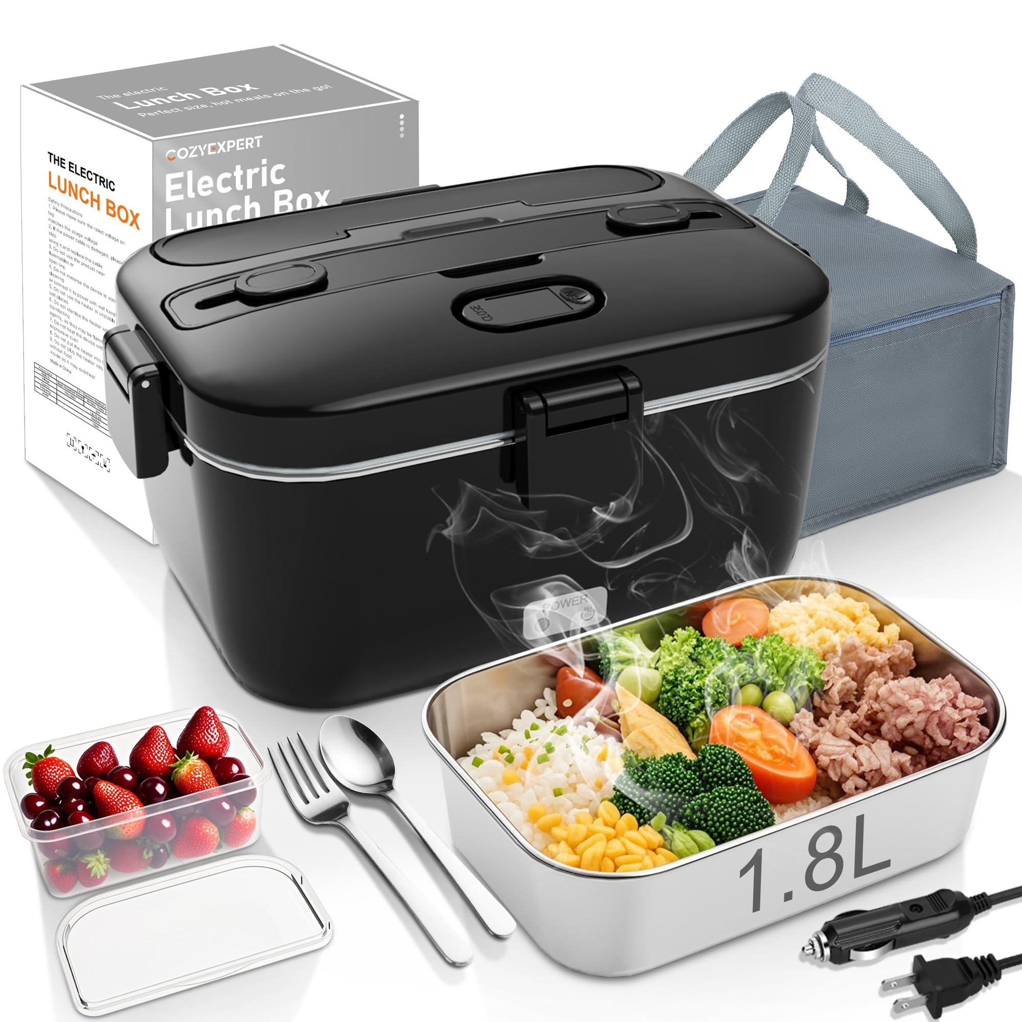 Electric-Lunch-Box-Heated-Food-Warmer 100W Heating Lunchbox for Adults 1.8L Portable Food Heater for Work/Car, 12V/24V/110-230V Lonchera Eléctrica Portátil with Fork Spoon (Black)