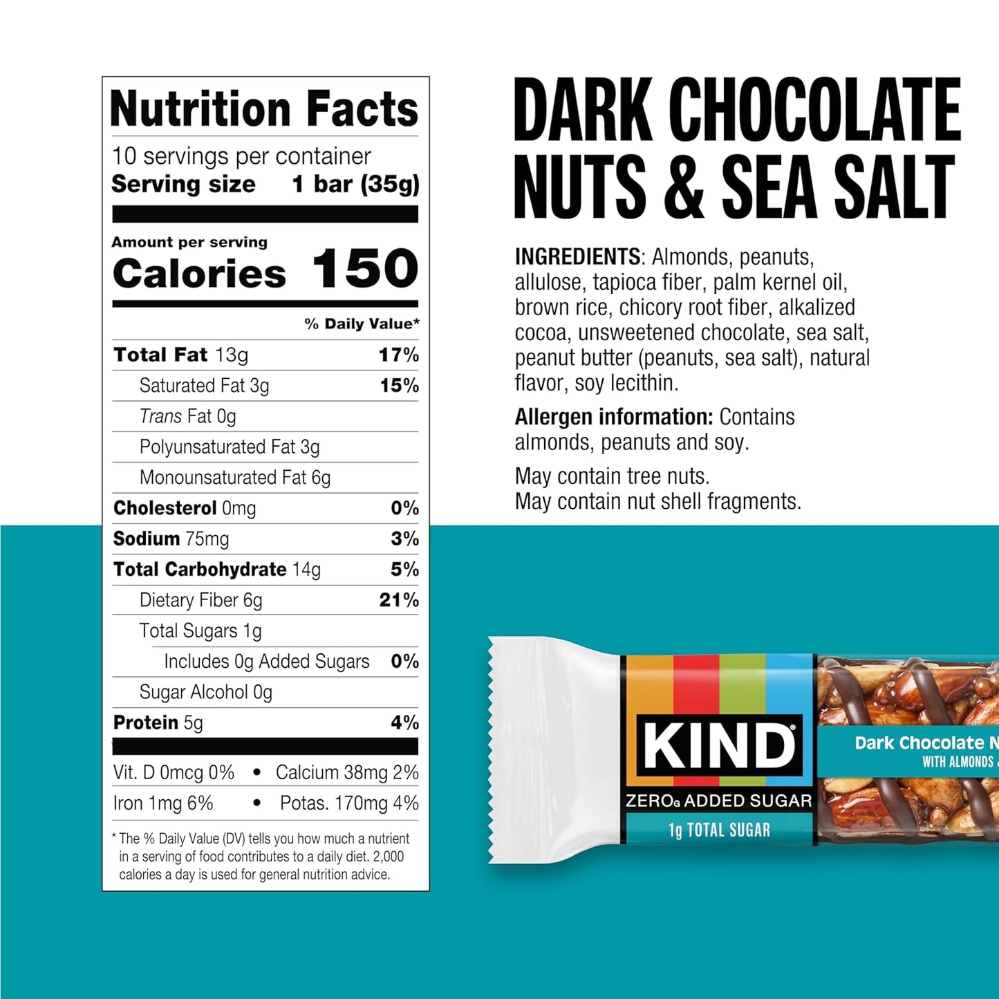Kind Zero Added Sugar Healthy Snacks Bars, Dark Chocolate Nuts & Sea Salt, Gluten Free, High Fiber, Keto Snacks, 5g Protein, 10 Count