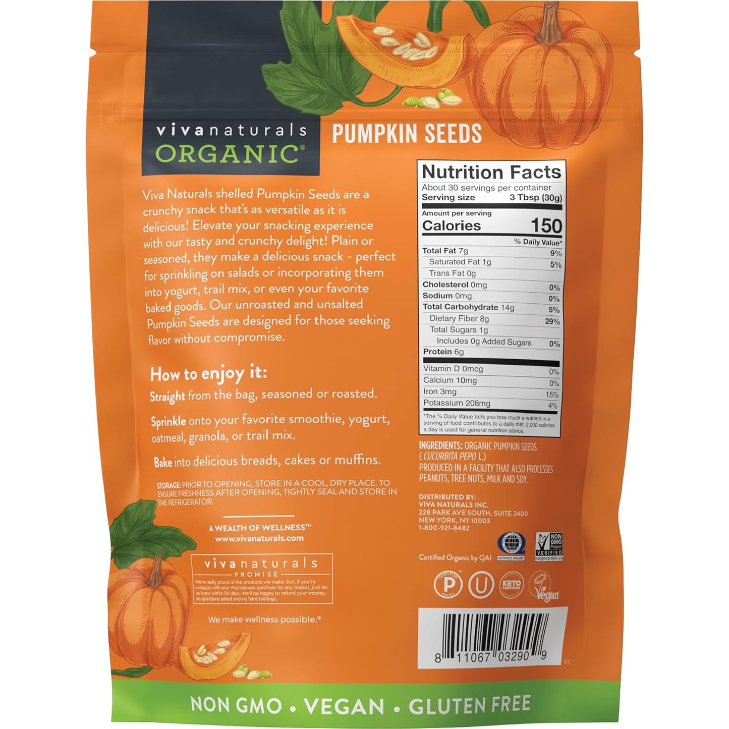 Viva Naturals Organic Pumpkin Seeds, 2 lb (32 oz, 907 g) – Shelled, Unroasted, Unsalted, Non-GMO, Vegan, Good Source of Iron & Dietary Fiber, Perfect for Salads