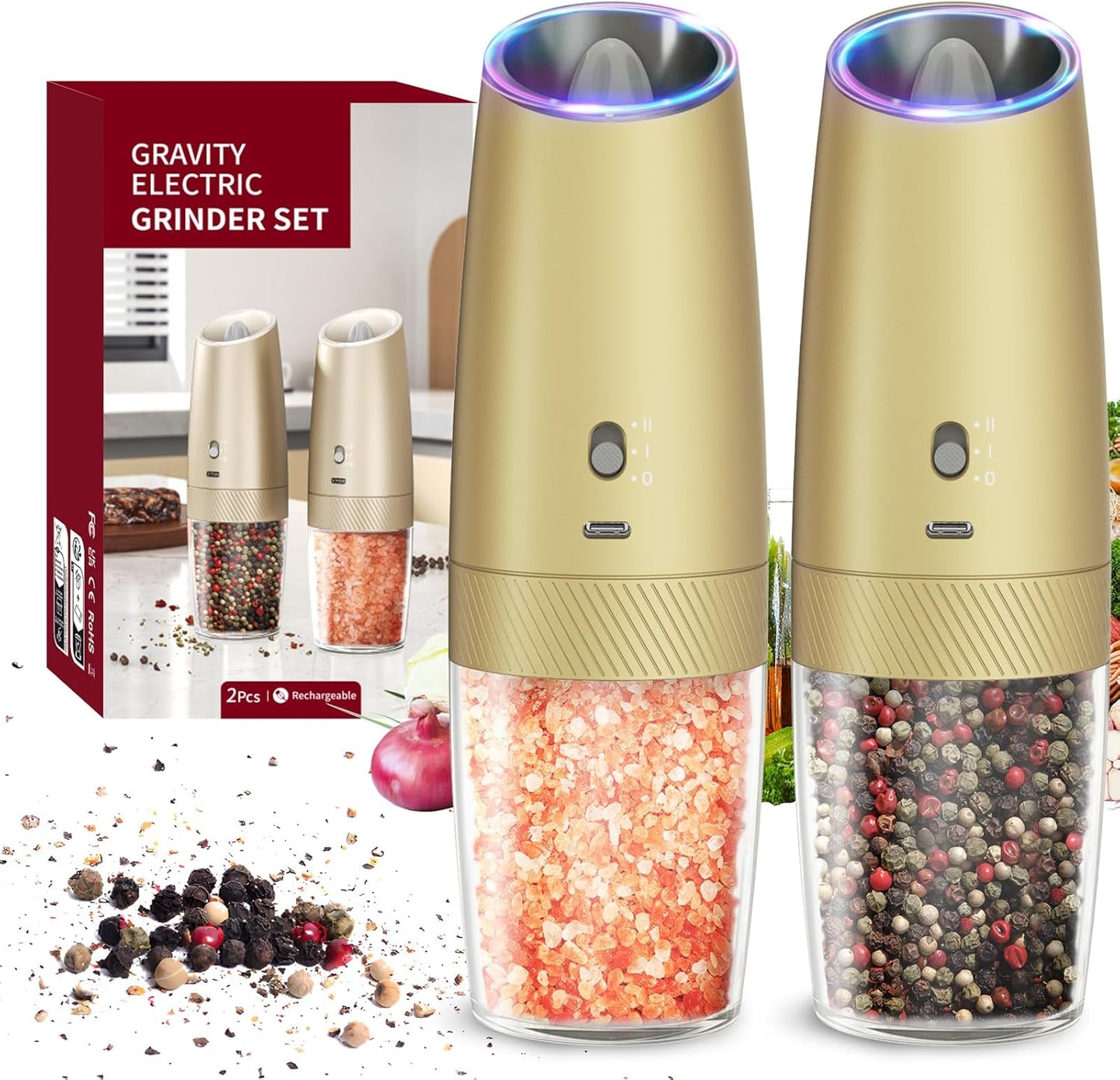 CIRCLE JOY Gravity Electric Salt and Pepper Grinder Set – Automatic LED Light Salt & Pepper Mills