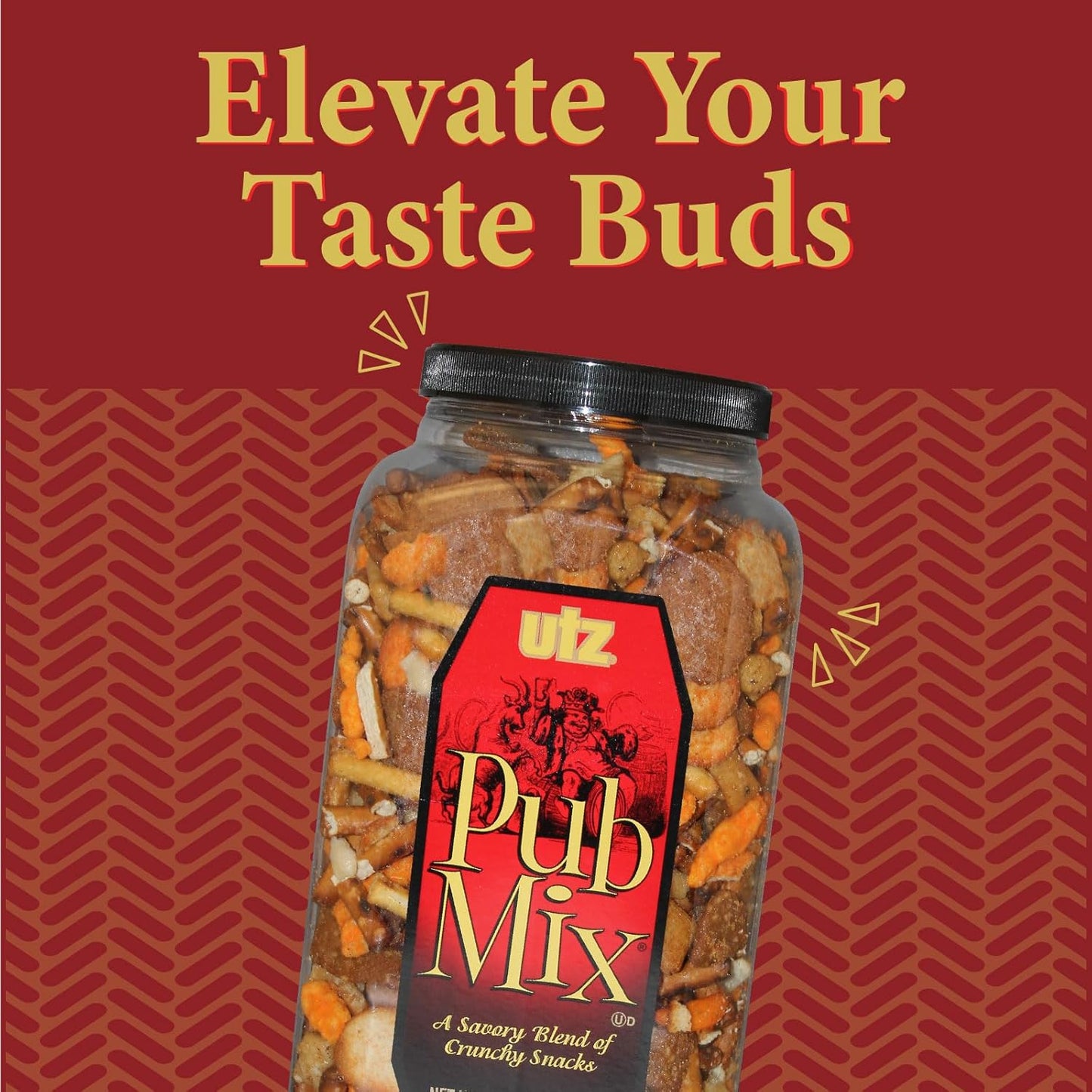Utz Pub Mix, 42 Oz. Barrel, Savory Snack Mix with a Blend of Crunchy Flavors for a Tasty Party Snack, Resealable Container, Trans-Fat Free and Kosher Certified
