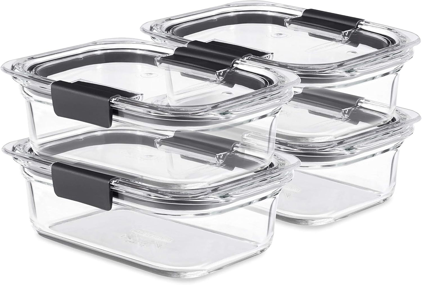 Rubbermaid Brilliance Glass Food Storage set of 4 containers 8 total pieces (4 containers + 4 lids) for Lunch Meal Prep and Leftovers Dishwasher and Oven Safe Clear/Grey