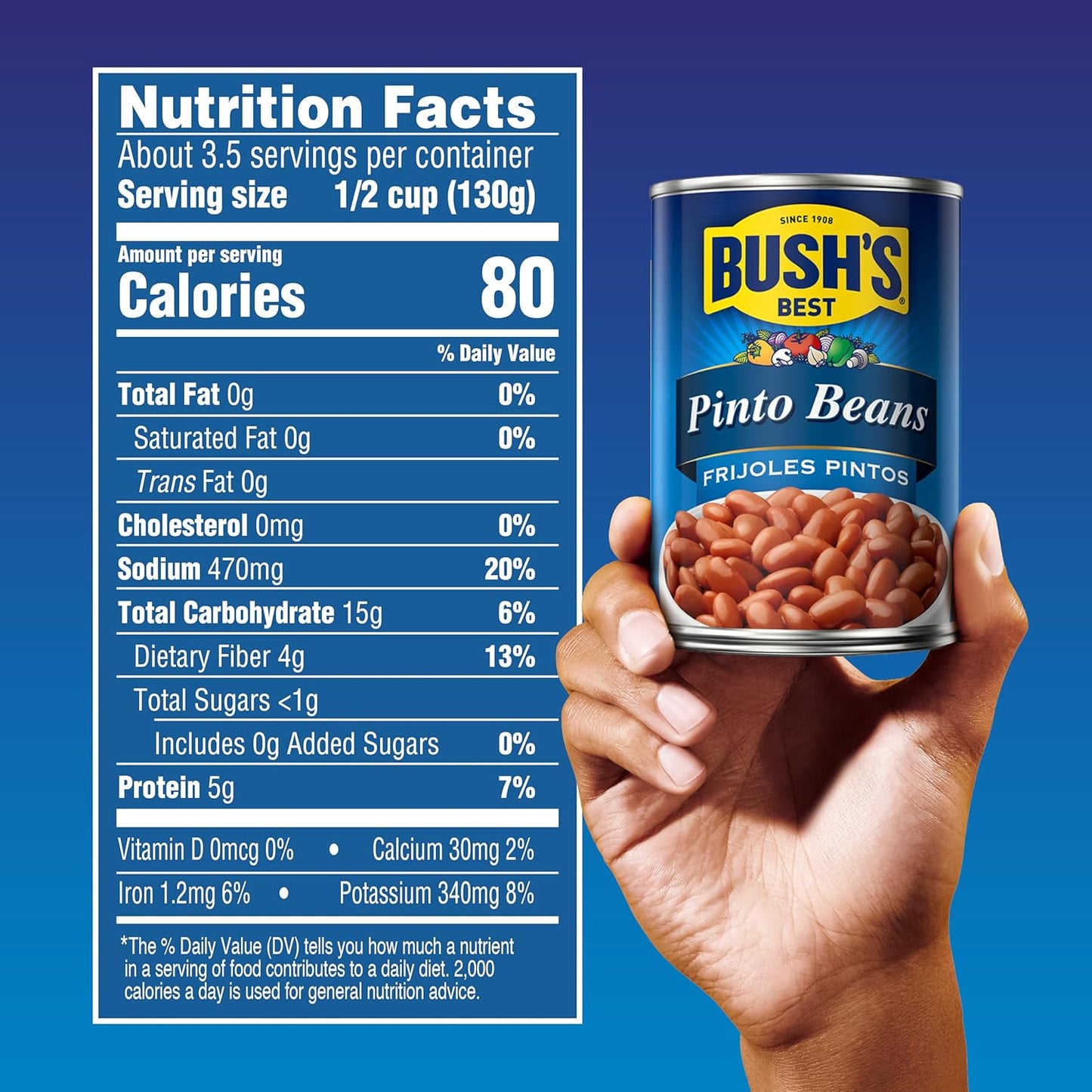 BUSH'S BEST 16 oz Canned Pinto Beans, Source of Plant Based Protein and Fiber, Low Fat, Gluten Free, Great For Soups, Salads and More, (Pack of 12)