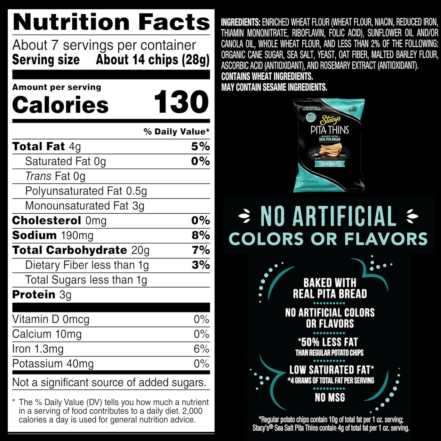 Stacy’s Pita Thins, Sea Salt, No Artificial Colors or Flavors, 6.75oz Bag