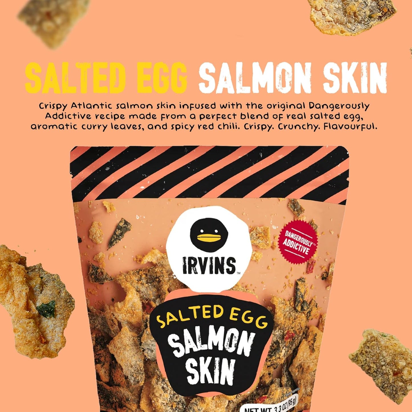 IRVINS Salted Egg Salmon Skin Chips & Crisps - Premium Hand Cooked, Halal, Keto-Friendly, High Protein Snack | Dangerously Addictive | (3.3 oz, Pack of 3)