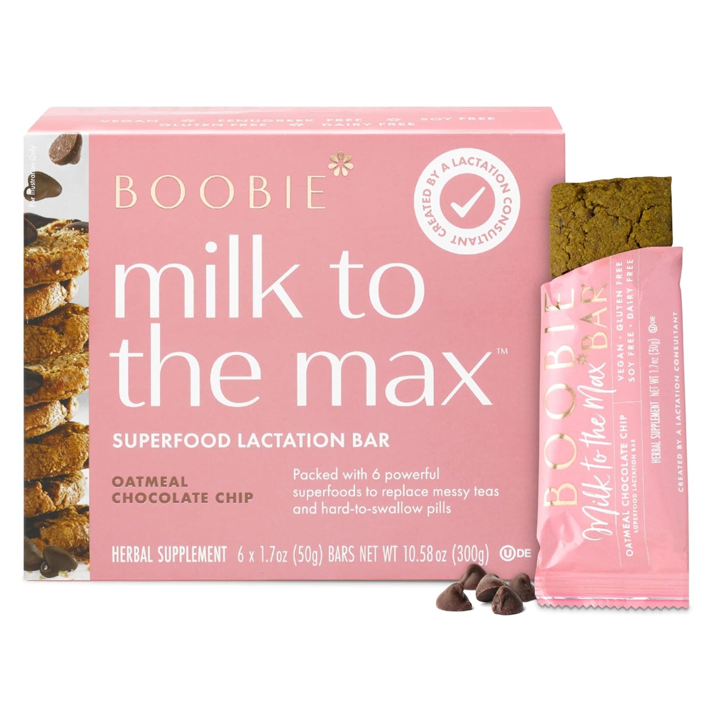 Boobie Superfood Oatmeal Chocolate Chip Cookie Lactation Bar for Breastfeeding Moms to Increase Milk Supply | #1 Selling Lactation Snack Bars | Vegan, Fenugreek-Free, Gluten-Free, Dairy-Free (12 Bars)