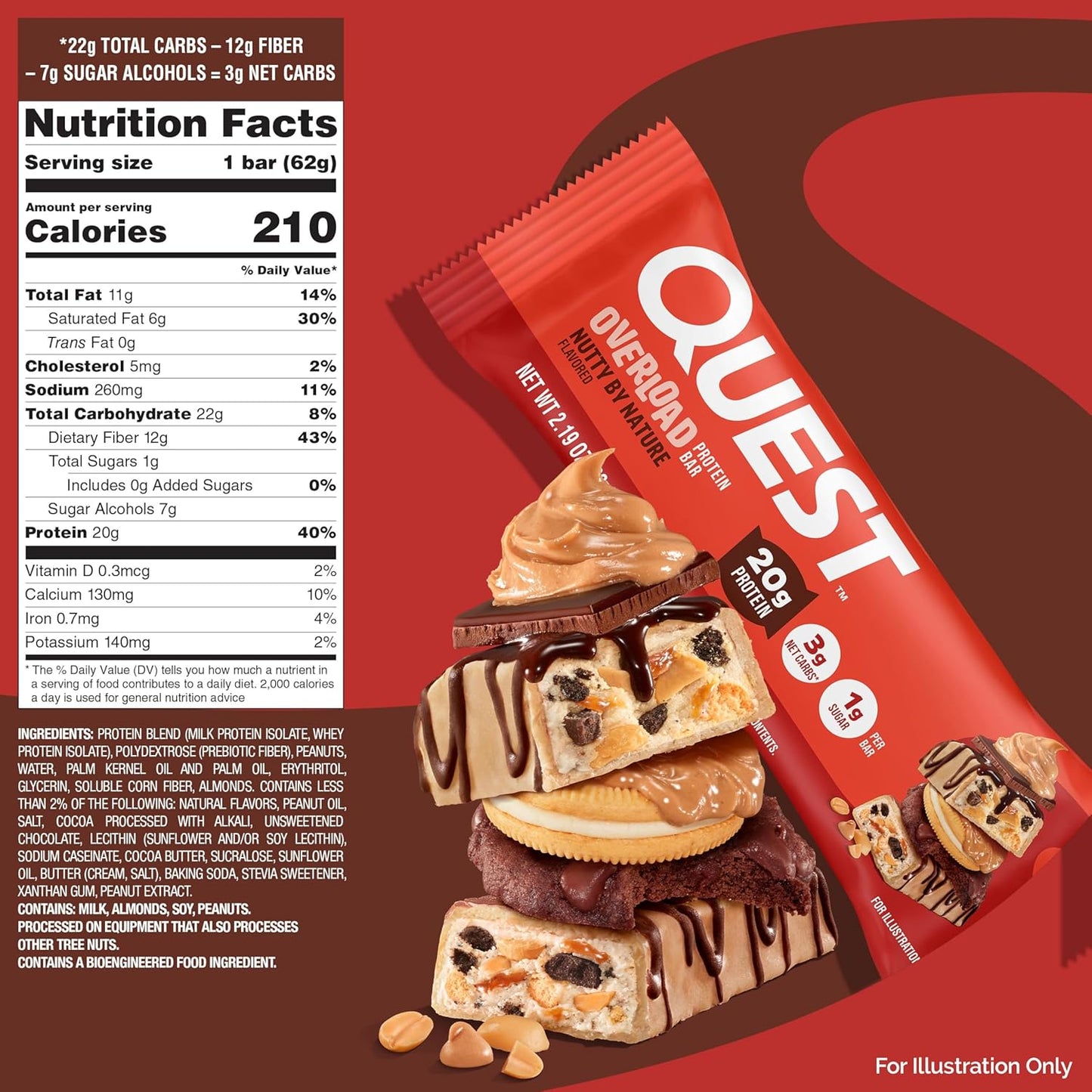 Quest Nutrition Overload Protein Bars, Nutty by Nature Flavored Protein Bars, 20g Protein, 1g Sugar, 3g Net Carbs, Gluten Free, 12 Count