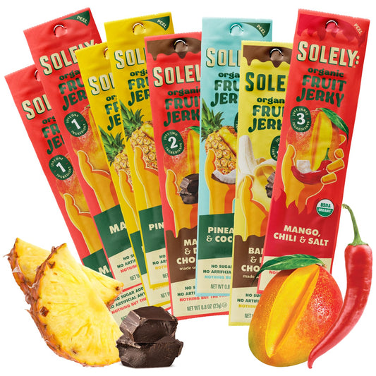 SOLELY - Organic Fruit Jerky Variety Pack - 8 Flavors, 8 Individually Wrapped Fruit Strips - Fruit Leather - Healthy Snacks for Adults & Kids - Non GMO, Vegan - 0.8oz (23g)