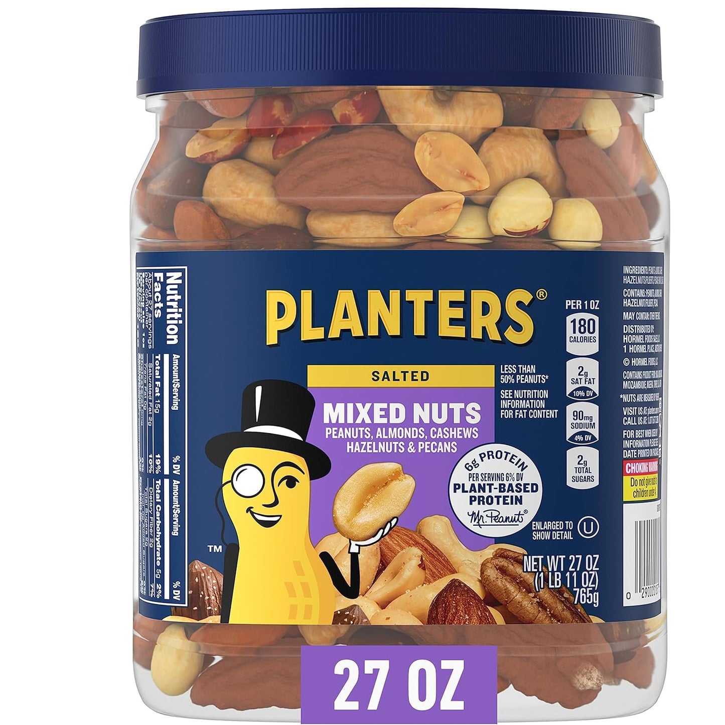 PLANTERS Deluxe Salted Mixed Nuts, Roasted Cashews, Almonds, Pecans, Pistachios, and Hazelnuts, Party Snacks, Plant-Based Protein, Quick Snack for Adults, After School Snack, 34oz Container