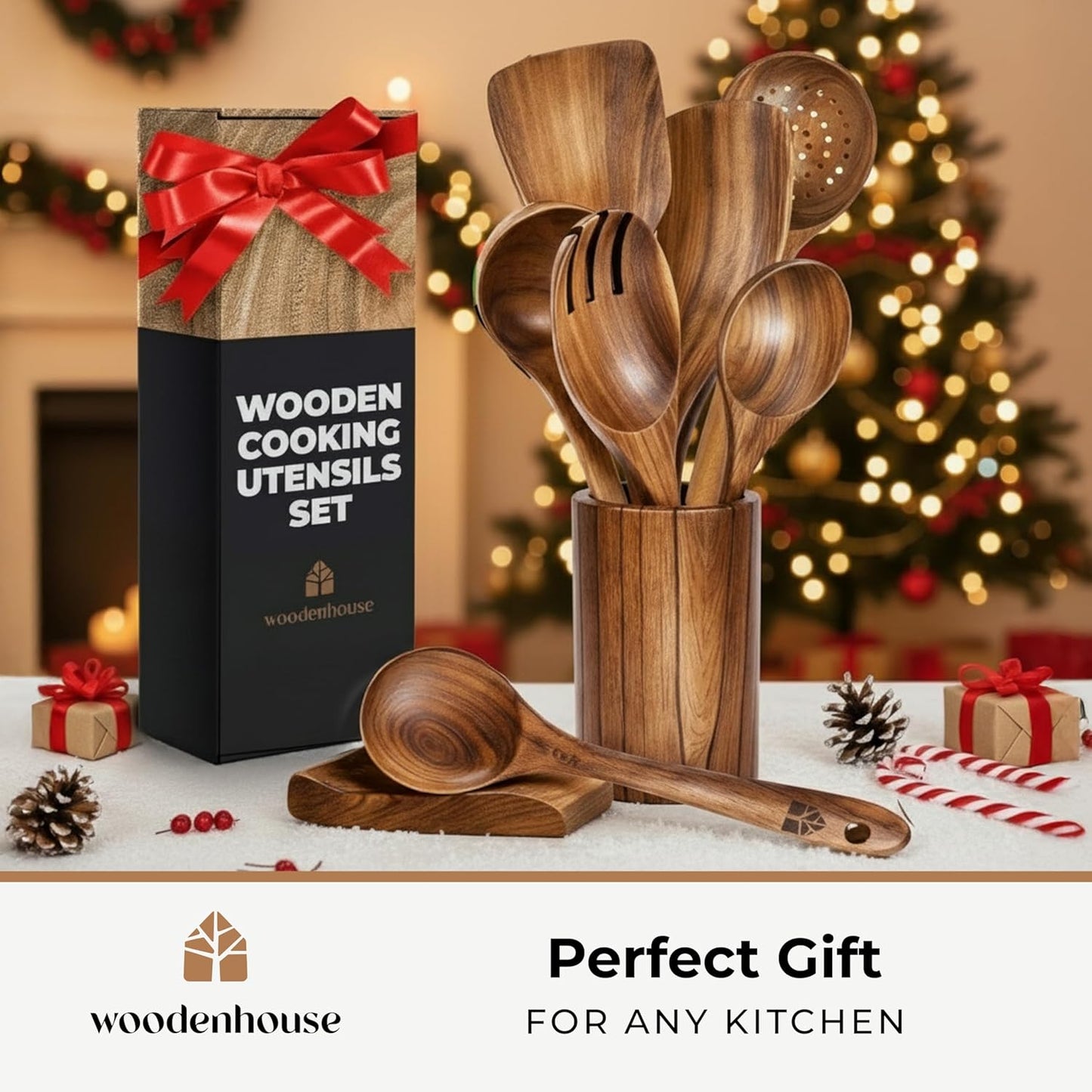 Wooden Utensil Set 8 Pcs – Sturdy & Easy to Clean, Natural Teak Wooden Spoons for Cooking – Non-Scratch Cooking Utensils with Spatula, Turner, Ladle, Spoons, Holder, Spoon Rest, 6 Hooks Kitchen Gifts