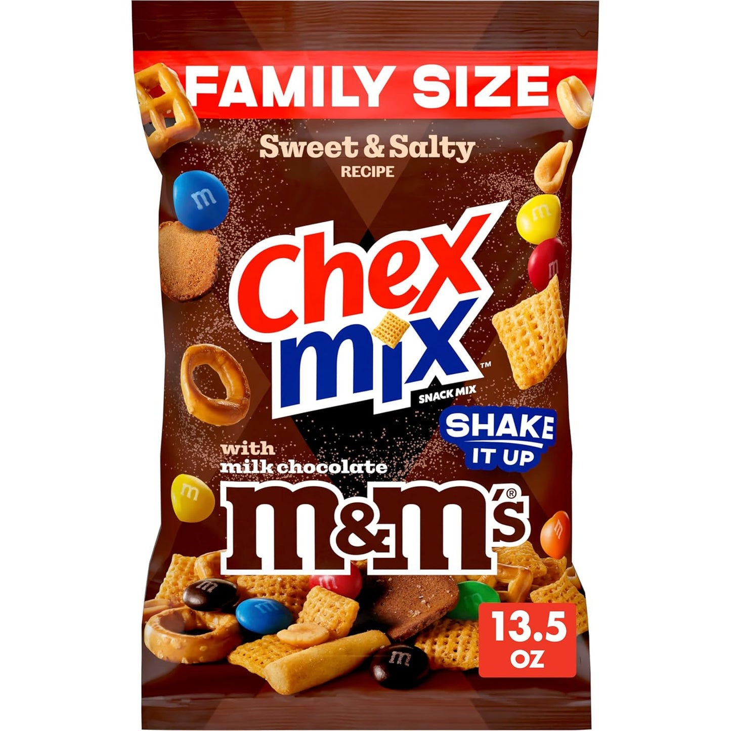 Chex Mix Sweet and Salty Recipe Snack Mix, with M&Ms Milk Chocolate Candies, Family Size, 13.5 oz