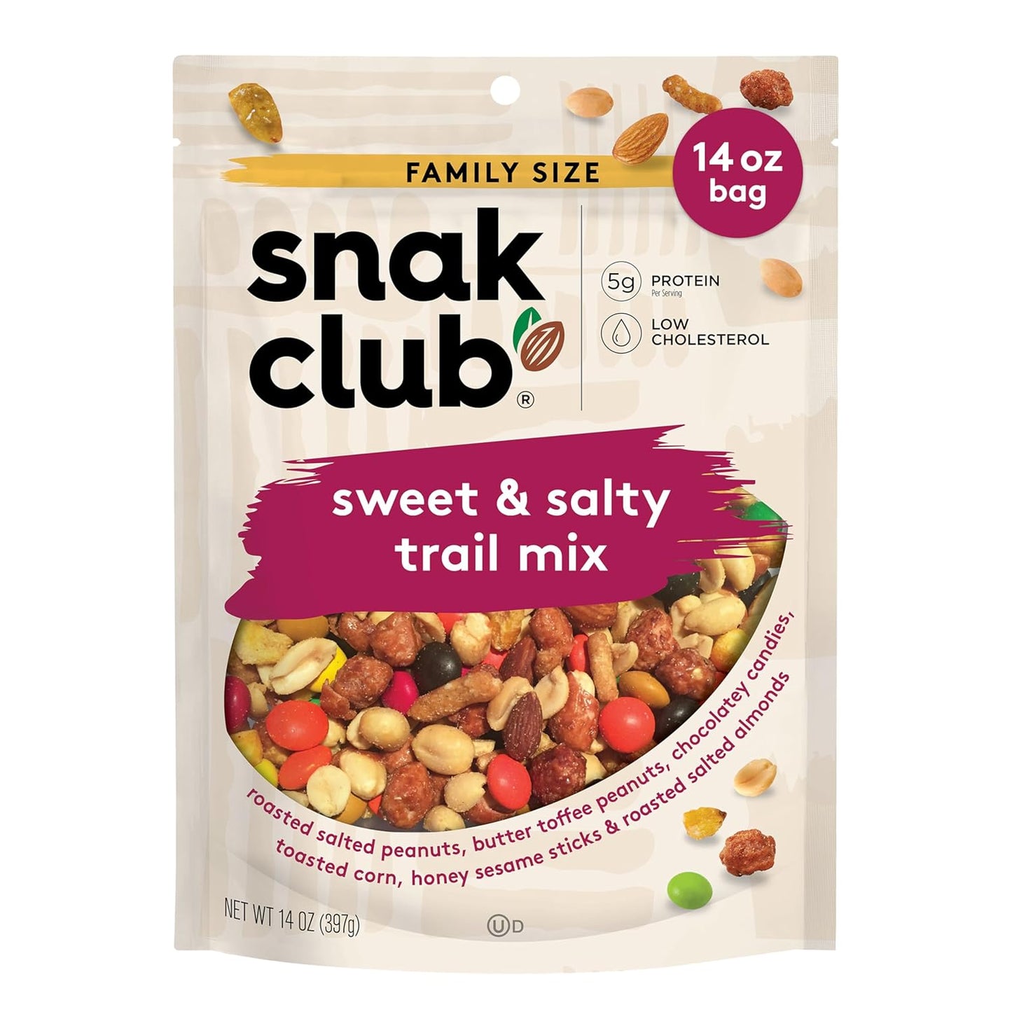 Snak Club Peanut Butter Chocolate Trail Mix with Peanuts, Peanut Butter M&M’S, Toffee Peanuts, and Pretzels, 11 oz Resealable Bag