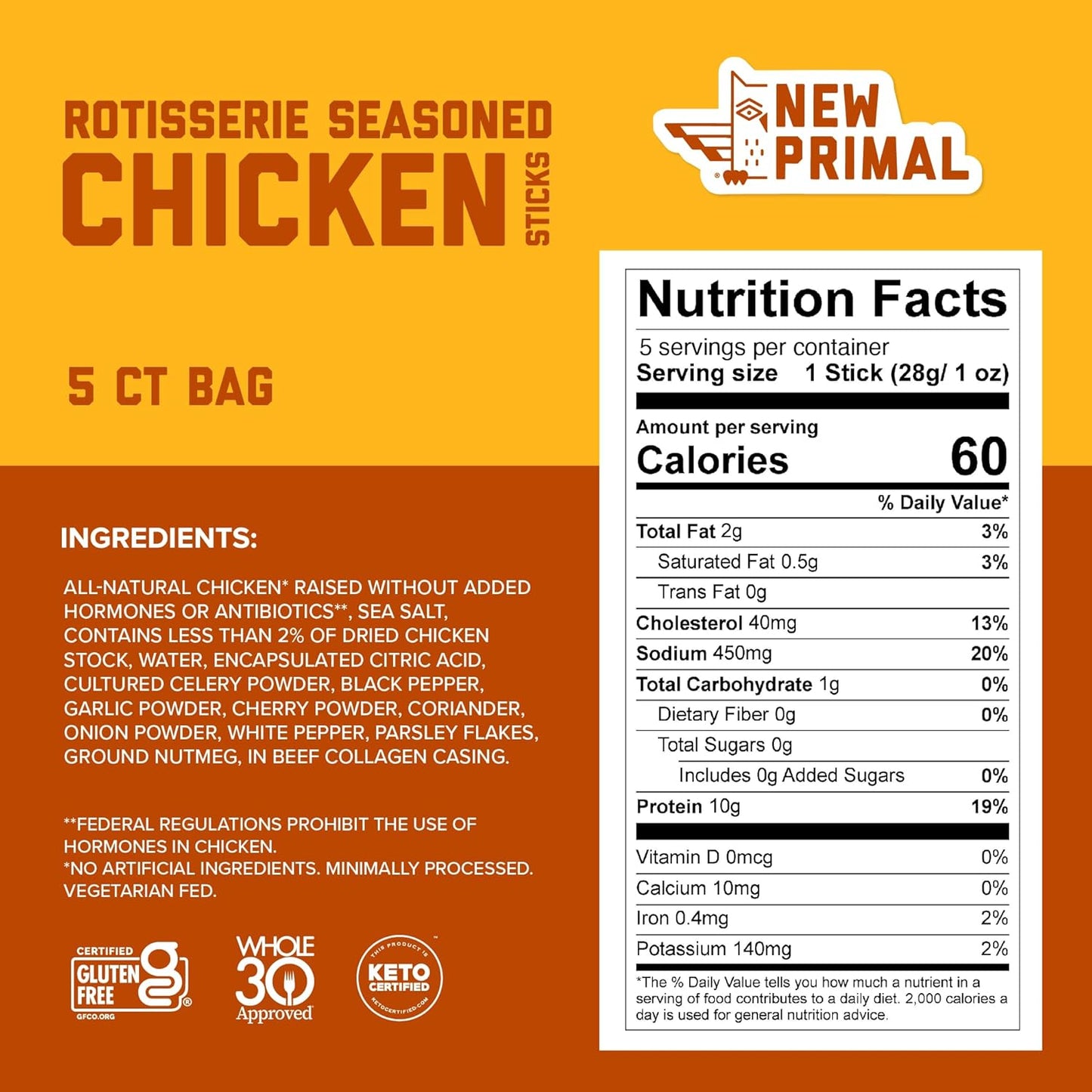 New Primal Rotisserie Chicken Sticks, Zero Sugar High Protein Snack, Gluten Free Whole30 Healthy Snacks, Keto and Paleo Friendly, Jerky Meat Stick, 10g Protein, 5 Count
