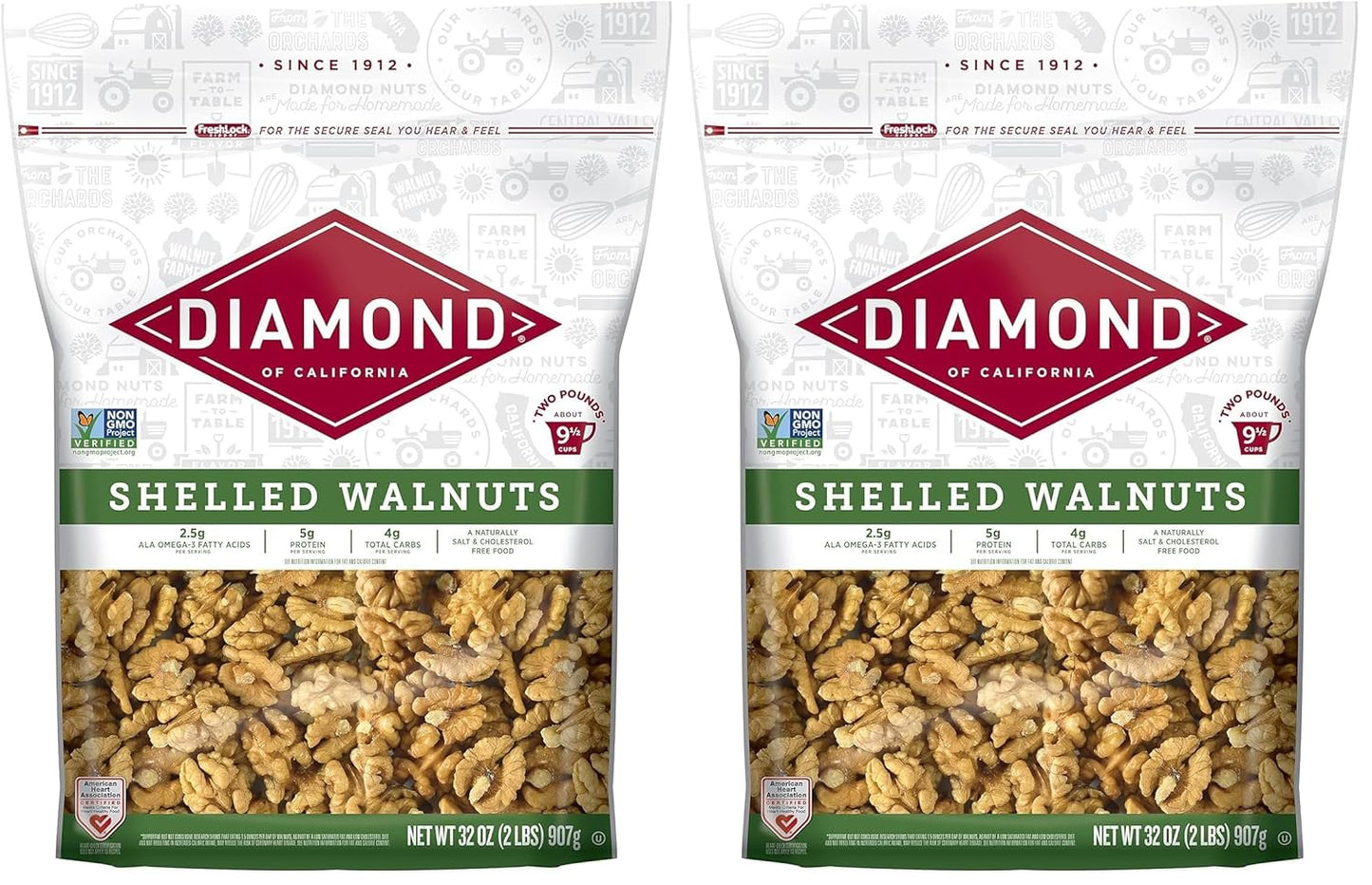Diamond of California Shelled Walnut Halves and Pieces, Pre-Shelled Raw Walnuts for Baking, Snacking and Salads, 32 oz.