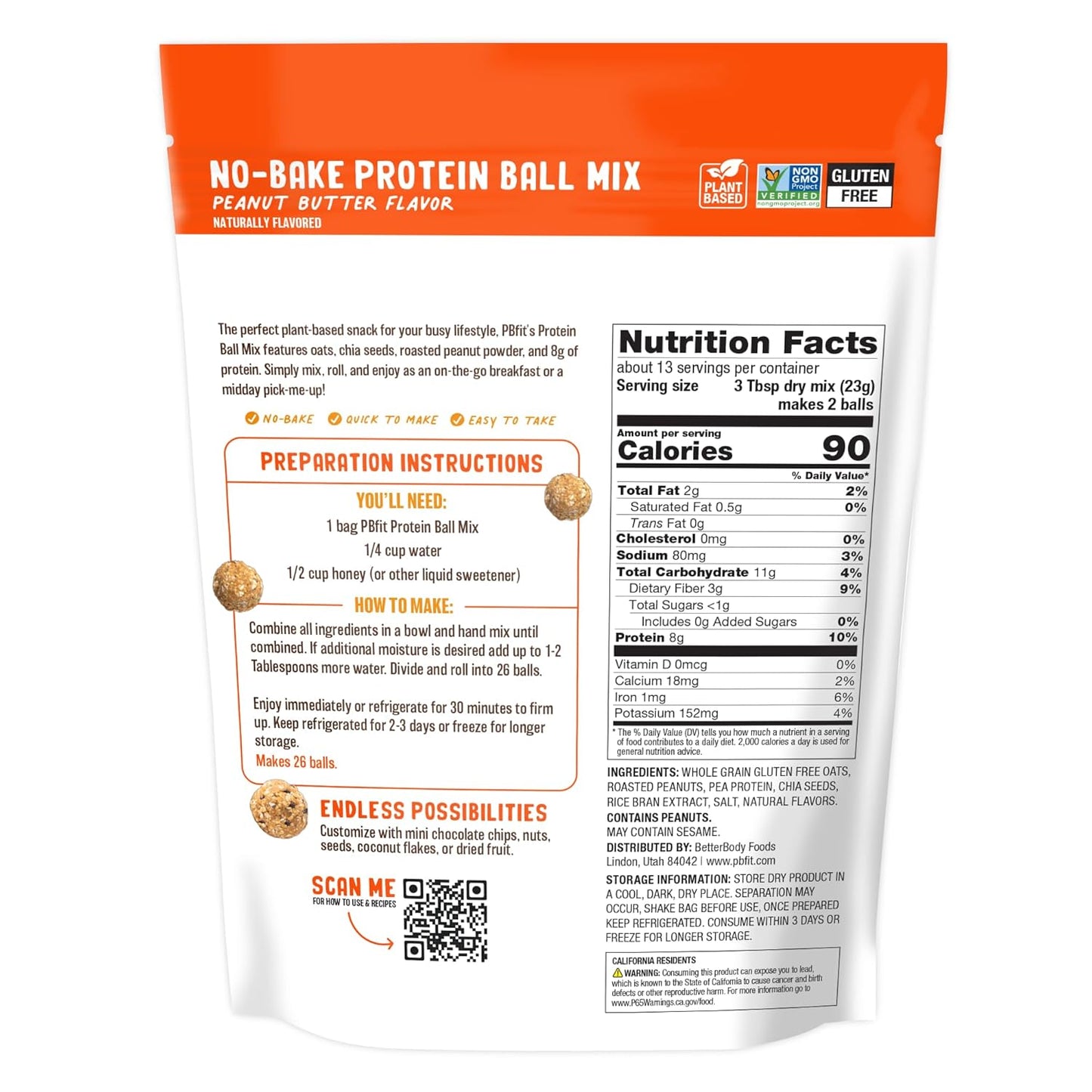 PBfit No Bake Peanut Butter Protein Ball Mix, 8g Protein, Made with Chia Seeds & Whole Grain Oats, Gluten Free, Vegan Snacks, 10.58 Oz Bag