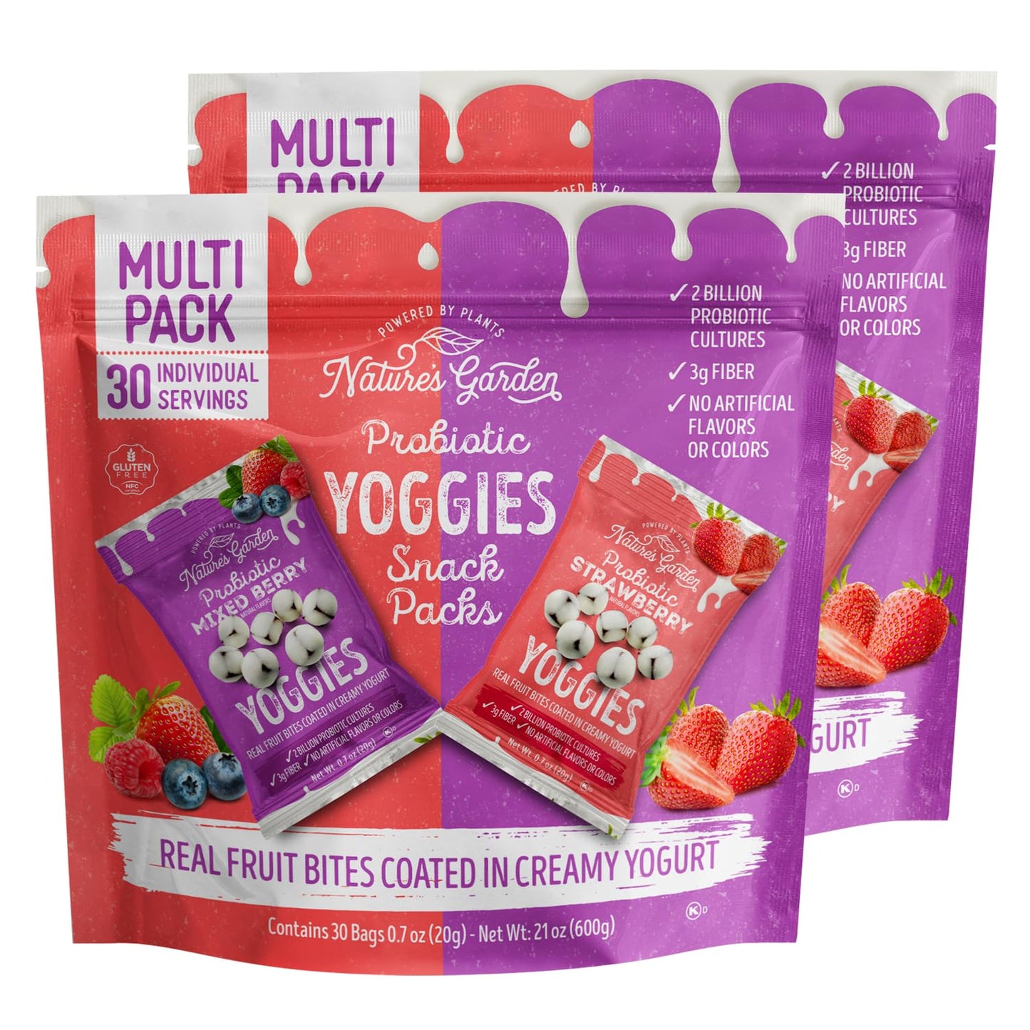 Nature's Garden Probiotic Variety Pack Yoggies 21oz (30 x 0.7oz) Pack of 2 (Strawberry Yoggies 15x0.7 oz +Mixed Berry Yoggies 15x0.7 oz) Yogurt Covered Fruit Snacks, High Fiber, Real Fruit Pieces, Office Snack Variety Packs For Adults, Gluten Free