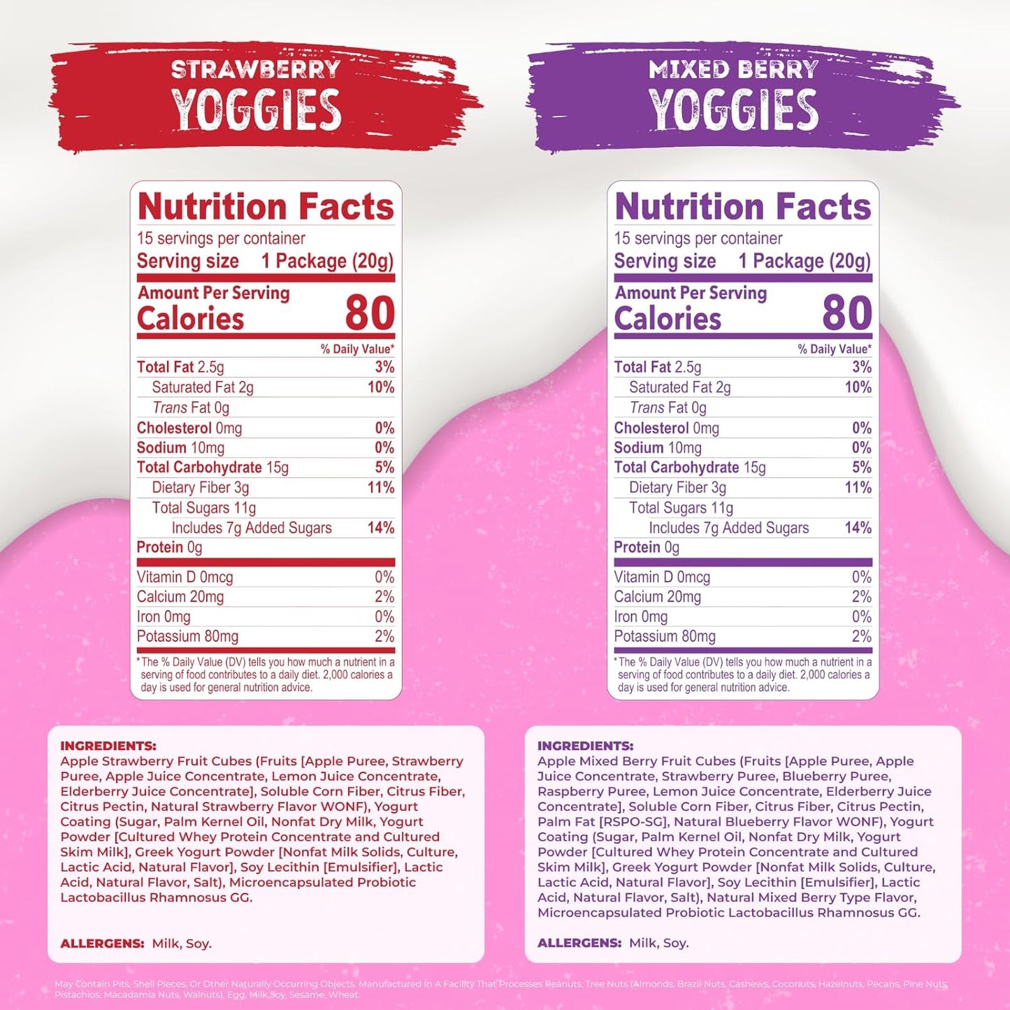 Nature's Garden Probiotic Variety Pack Yoggies 21oz (30 x 0.7oz) Pack of 2 (Strawberry Yoggies 15x0.7 oz +Mixed Berry Yoggies 15x0.7 oz) Yogurt Covered Fruit Snacks, High Fiber, Real Fruit Pieces, Office Snack Variety Packs For Adults, Gluten Free