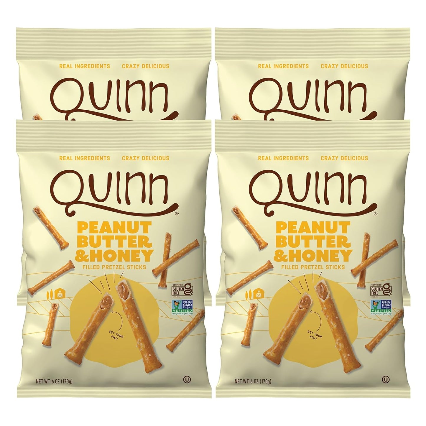 Quinn Snacks Peanut Butter & Honey Filled Pretzel Sticks - Gluten Free Snack, Sweet & Salty, Made with Real Natural Ingredients, Peanuts, Sorghum, & Root Vegetables, Dairy Free - 6 oz (Pack of 1)