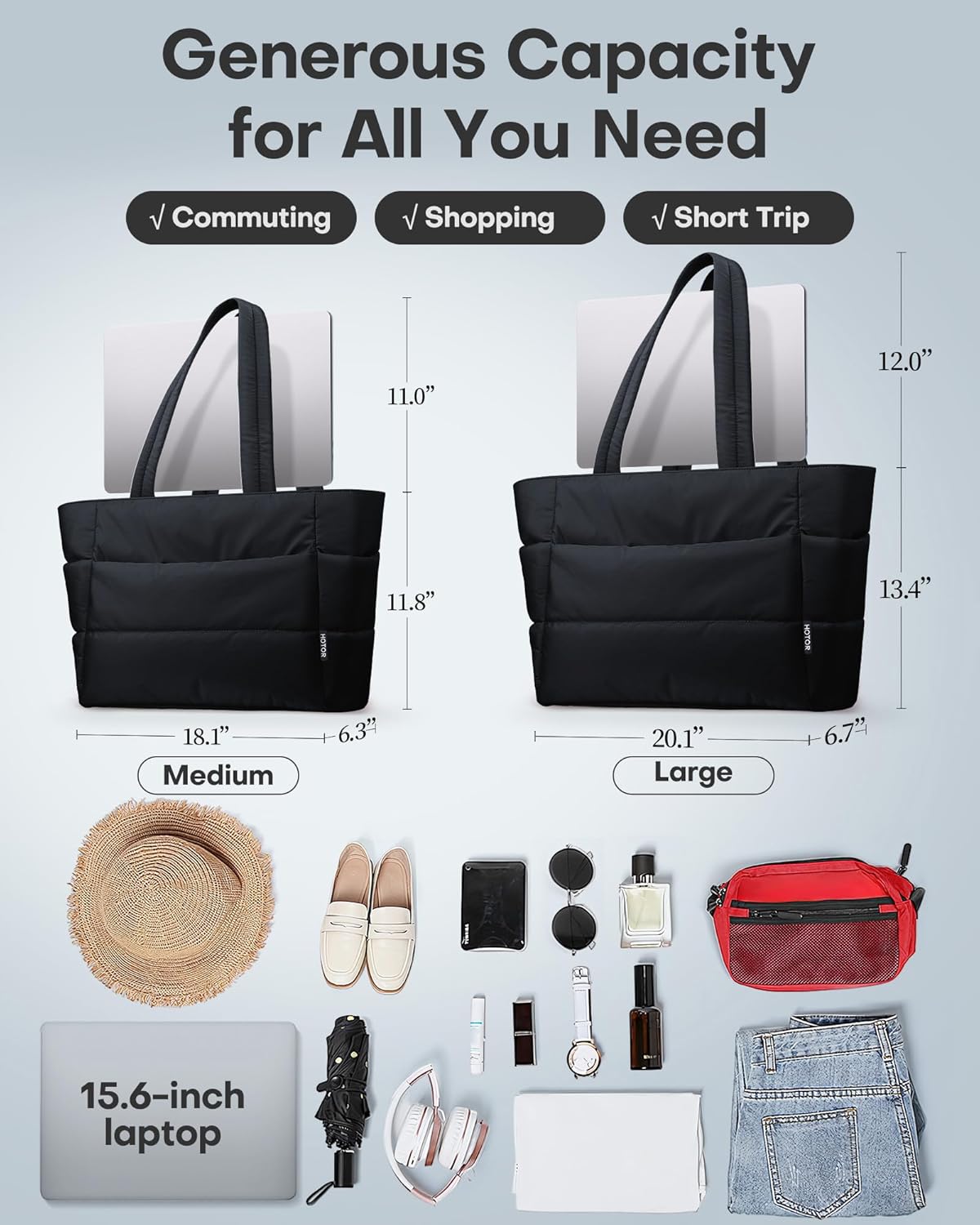 HOTOR Puffer Tote Bag for Women, Nurses - Multi-Pocket Lightweight Bag for Work - Quilted Handbag for Travel and Gym