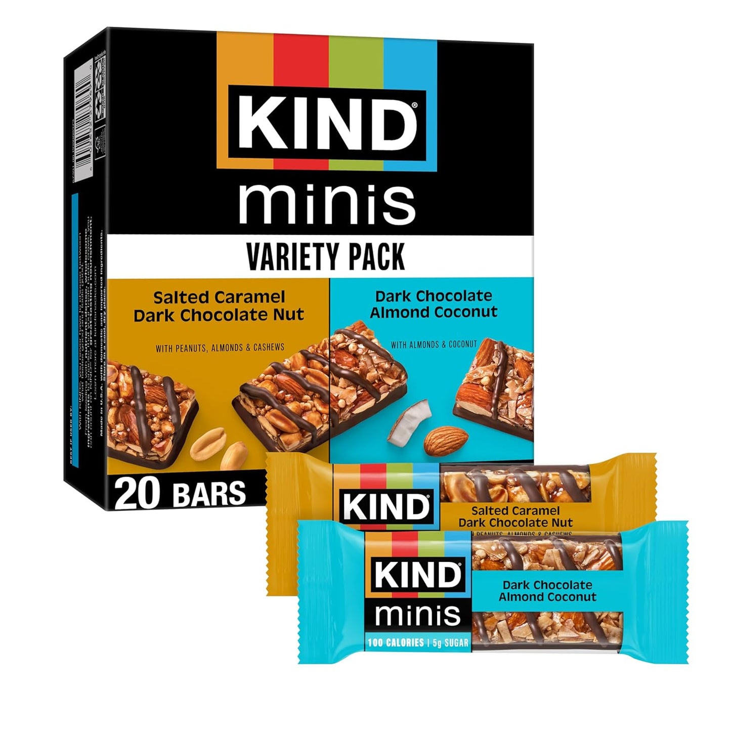 KIND Mini Snack Bars Variety Pack, Gluten Free, Low Sugar, Low Calorie Snacks, Salted Caramel Dark Chocolate Nut, Dark Chocolate Almond Coconut, 20 Count