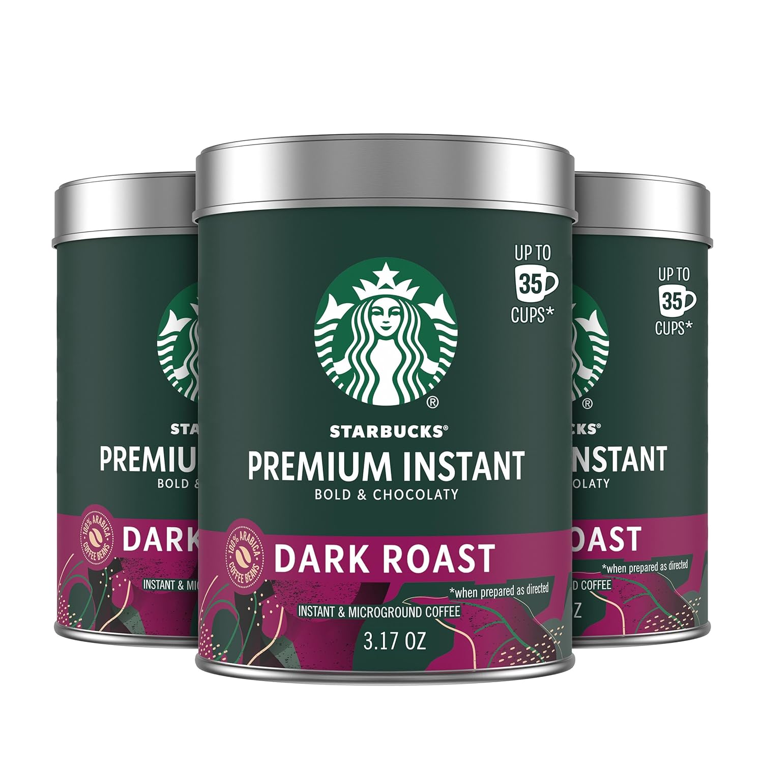 Starbucks Premium Instant Coffee, Dark Roast Coffee, Arabica Beans, Three 3.17 oz Tins