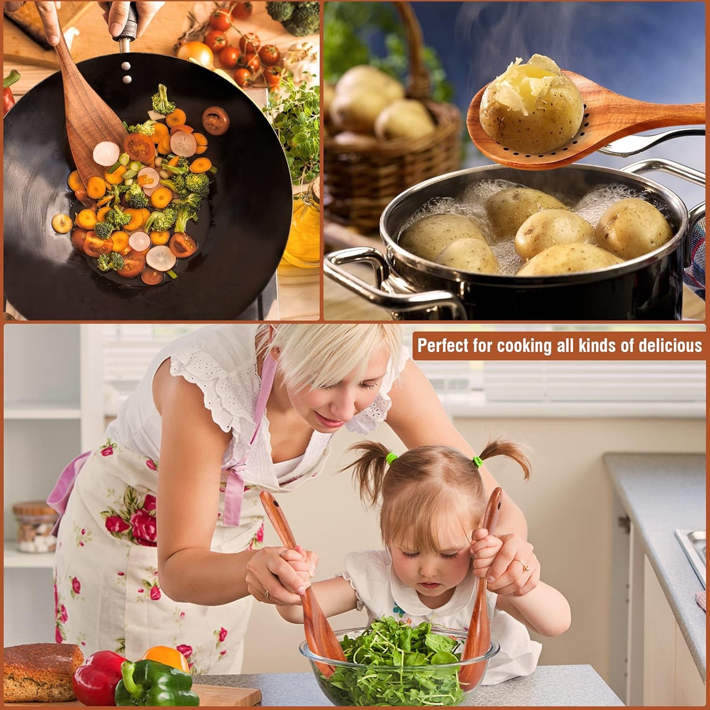 9‑Piece Natural Teak Wooden Kitchen Utensil Set with Spoon Rest and Holder