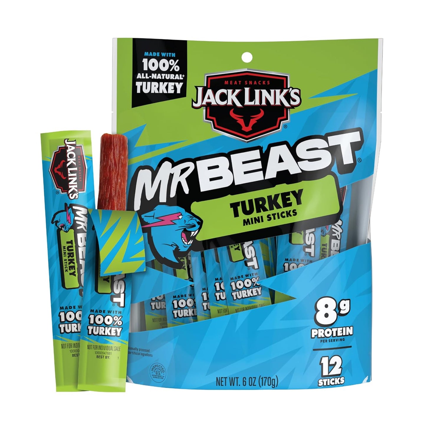 Jack Link's x MrBeast Original Mini Beef Jerky Sticks - Individually Wrapped Protein Snacks - 6g Protein per Serving - Made with 100% Real Beef - (12 Pack) 0.5 oz Meat Sticks