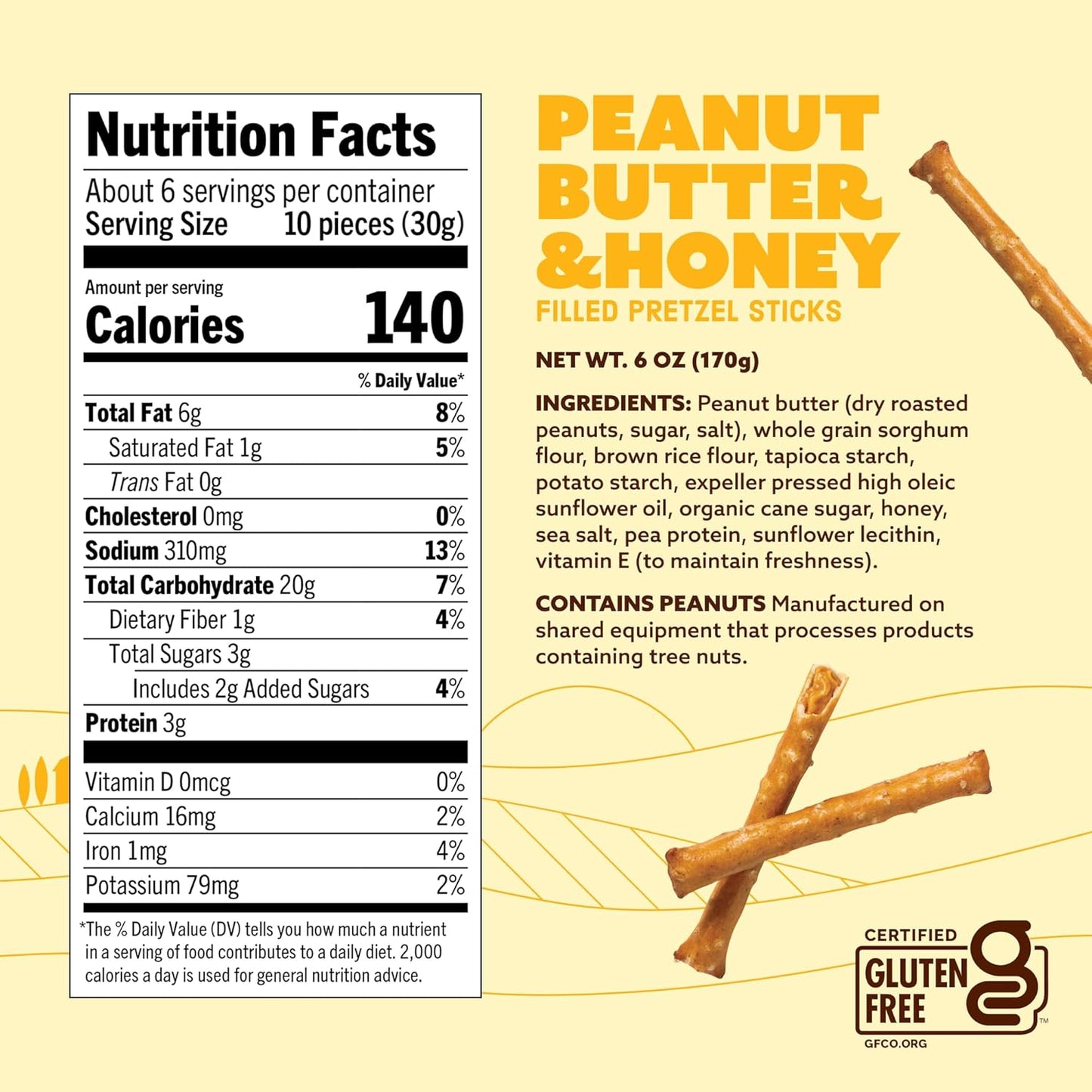 Quinn Snacks Peanut Butter & Honey Filled Pretzel Sticks - Gluten Free Snack, Sweet & Salty, Made with Real Natural Ingredients, Peanuts, Sorghum, & Root Vegetables, Dairy Free - 6 oz (Pack of 1)