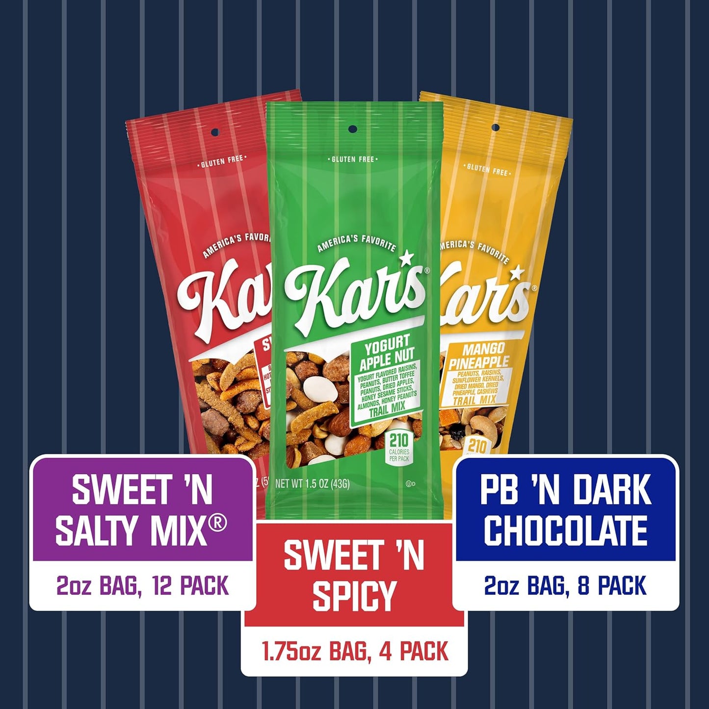 Kar’s Nuts Sweet ‘N Salty Trail Mix Variety Pack, Pack of 24 – Sweet ‘N Salty, Sweet ‘N Spicy, Peanut Butter ‘N Dark Chocolate – Individually Wrapped, Gluten-Free Snack Mix