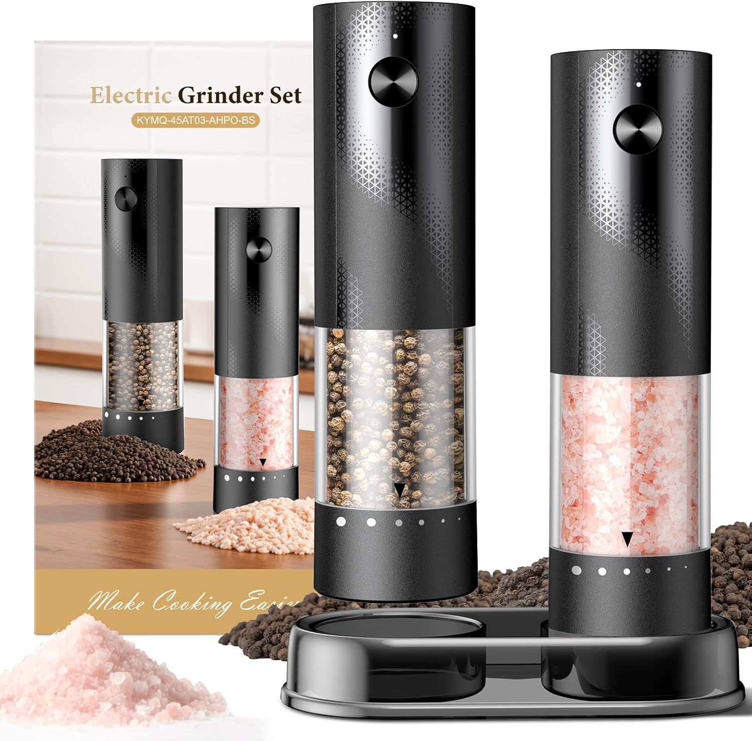 Electric Salt and Pepper Grinder Set - Rechargeable Automatic Salt and Pepper Shakers, Kitchen Appliances with External Adjustable Coarseness, Larger Hopper for Christmas Gifts(2 Pack,Black/Black)
