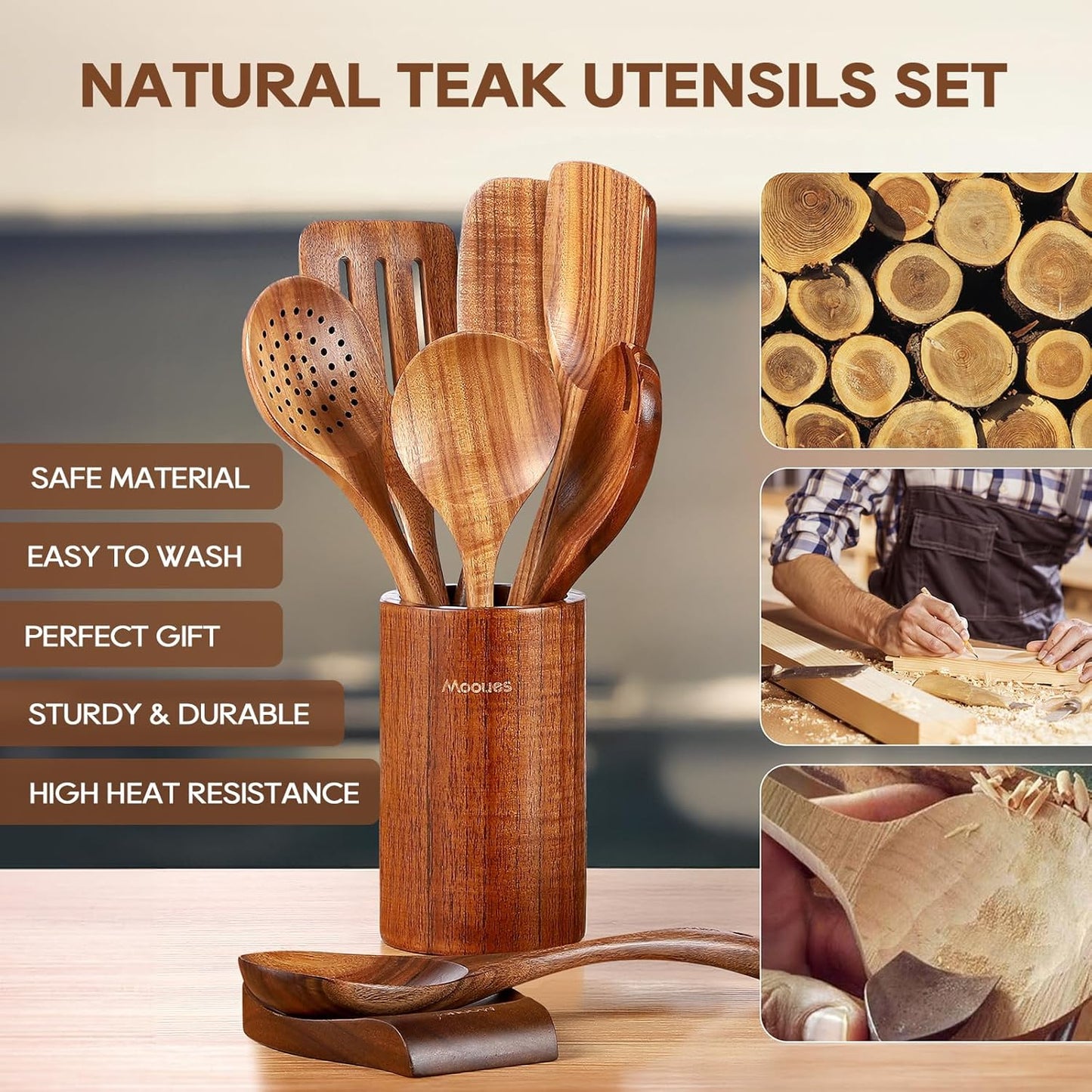9‑Piece Natural Teak Wooden Kitchen Utensil Set with Spoon Rest and Holder
