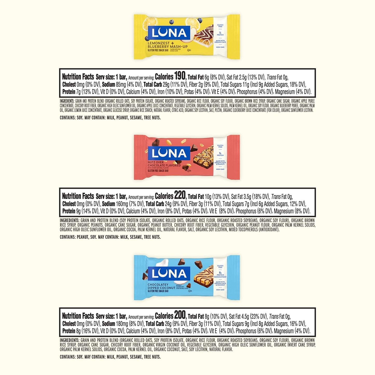LUNA Bar - Variety Pack - 6 Flavors - Gluten Free Snack Bars - Non-GMO - Protein Bars - Made with Organic Oats (12 Pack)