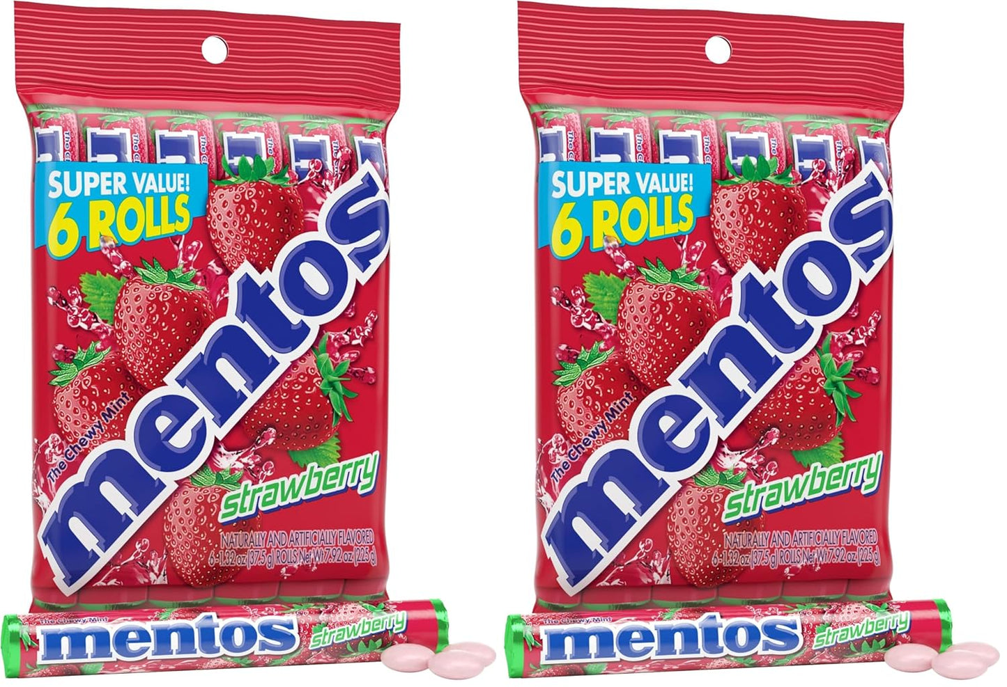 Mentos Strawberry Chewy Mint Candy Roll, 14 Pieces Per Roll, 6 Count Party Pack