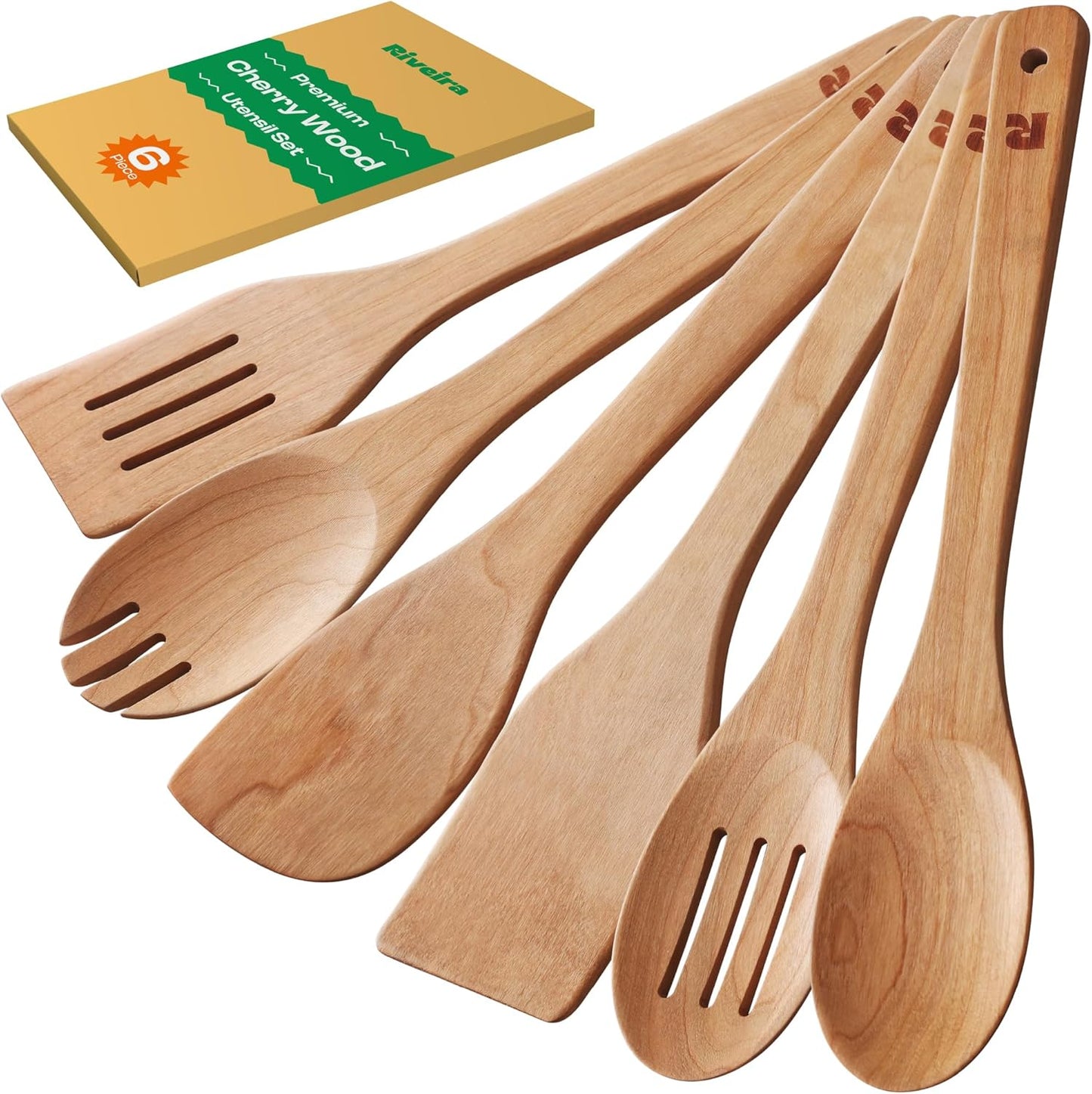 Riveira Bamboo Cooking Spoons 6-Piece – Wooden Cooking Utensils Set with Wooden Spoons for Cooking & Spatulas Wooden Utensil Sets – Premium Kitchen Utensils Set – Durable First Apartment Essentials